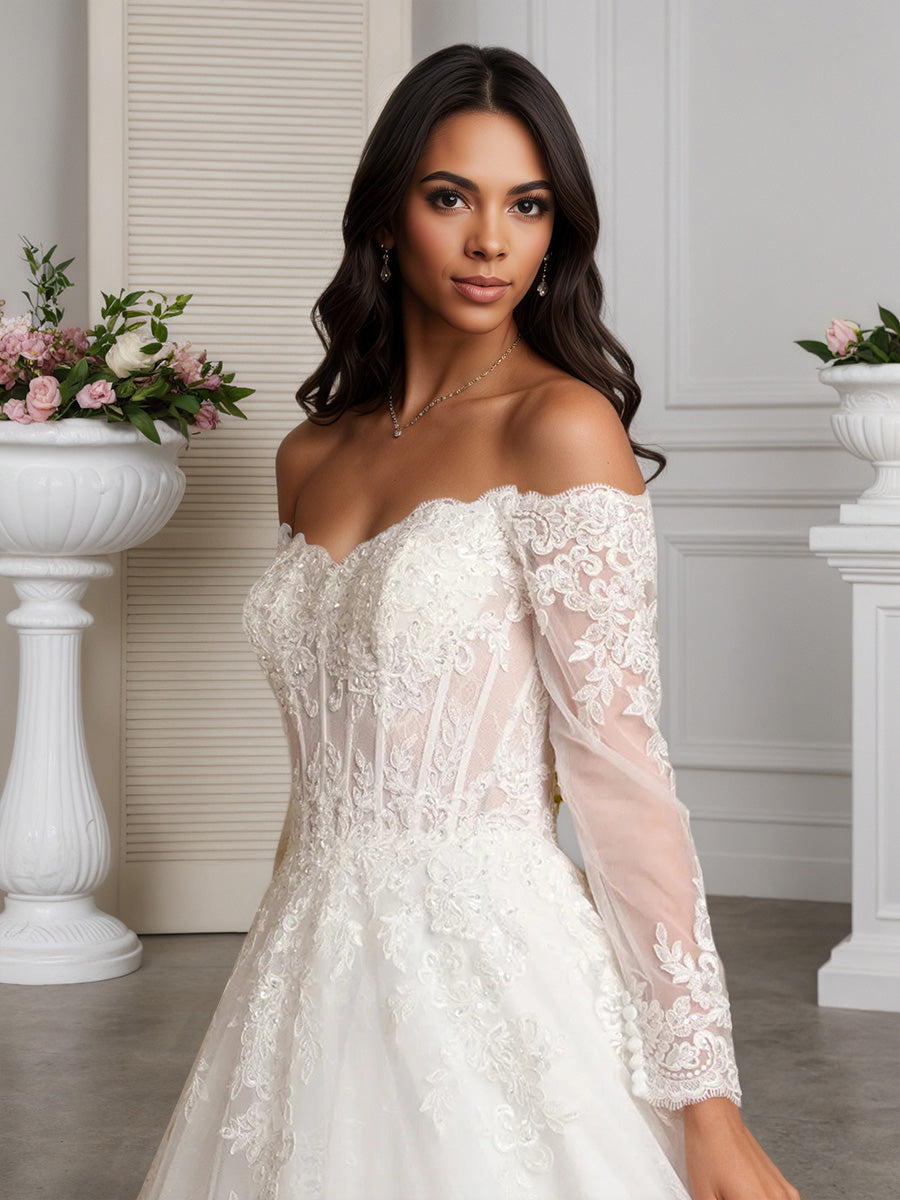 Cicinia Robe de Mariée Longue A-Line en Tulle Appliqués Épaules Dénudées à Manches Longues Magnifique