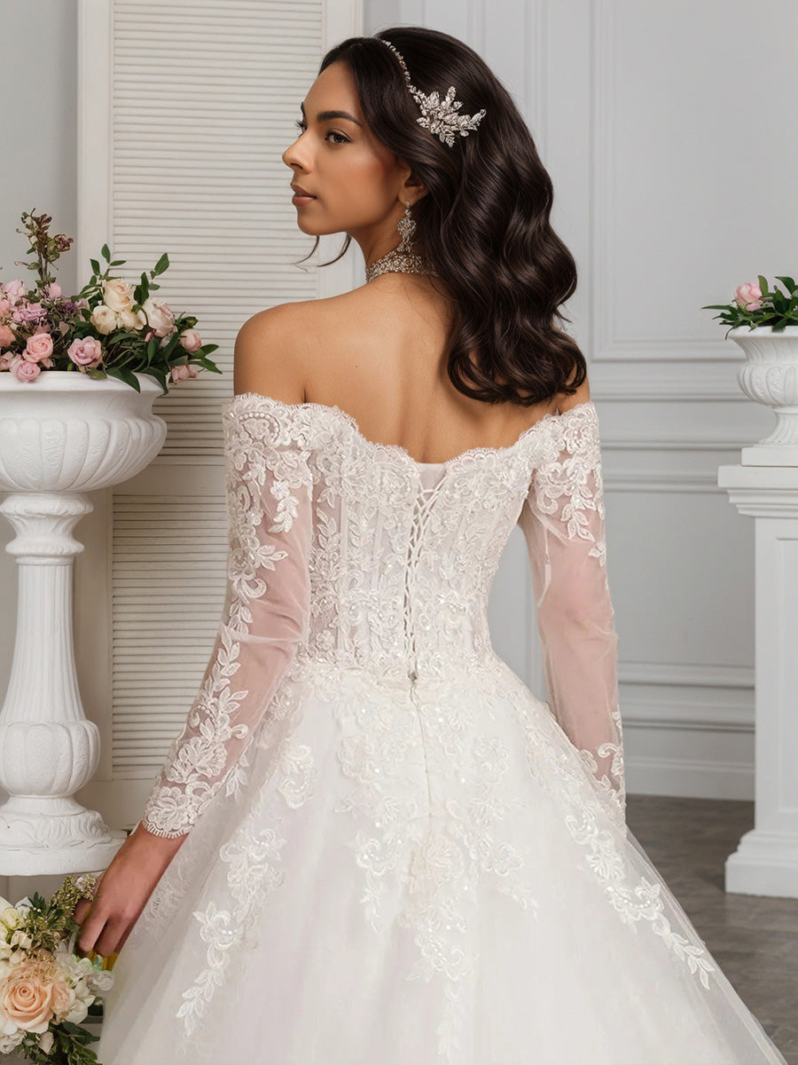 Cicinia Robe de Mariée Longue A-Line en Tulle Appliqués Épaules Dénudées à Manches Longues Magnifique