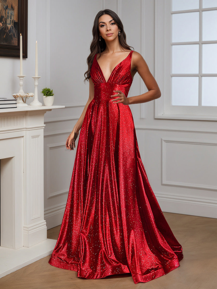 Cicinia Robe de Soirée BORDEAUX en Satin A-Line Bretelles Décolleté en V Fente