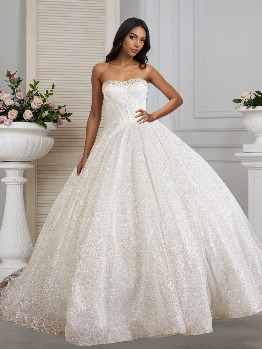 Cicinia Robe de Mariée sans Bretelles sans Manches Perlé Lacé Dos Charmante Traîne Balayée