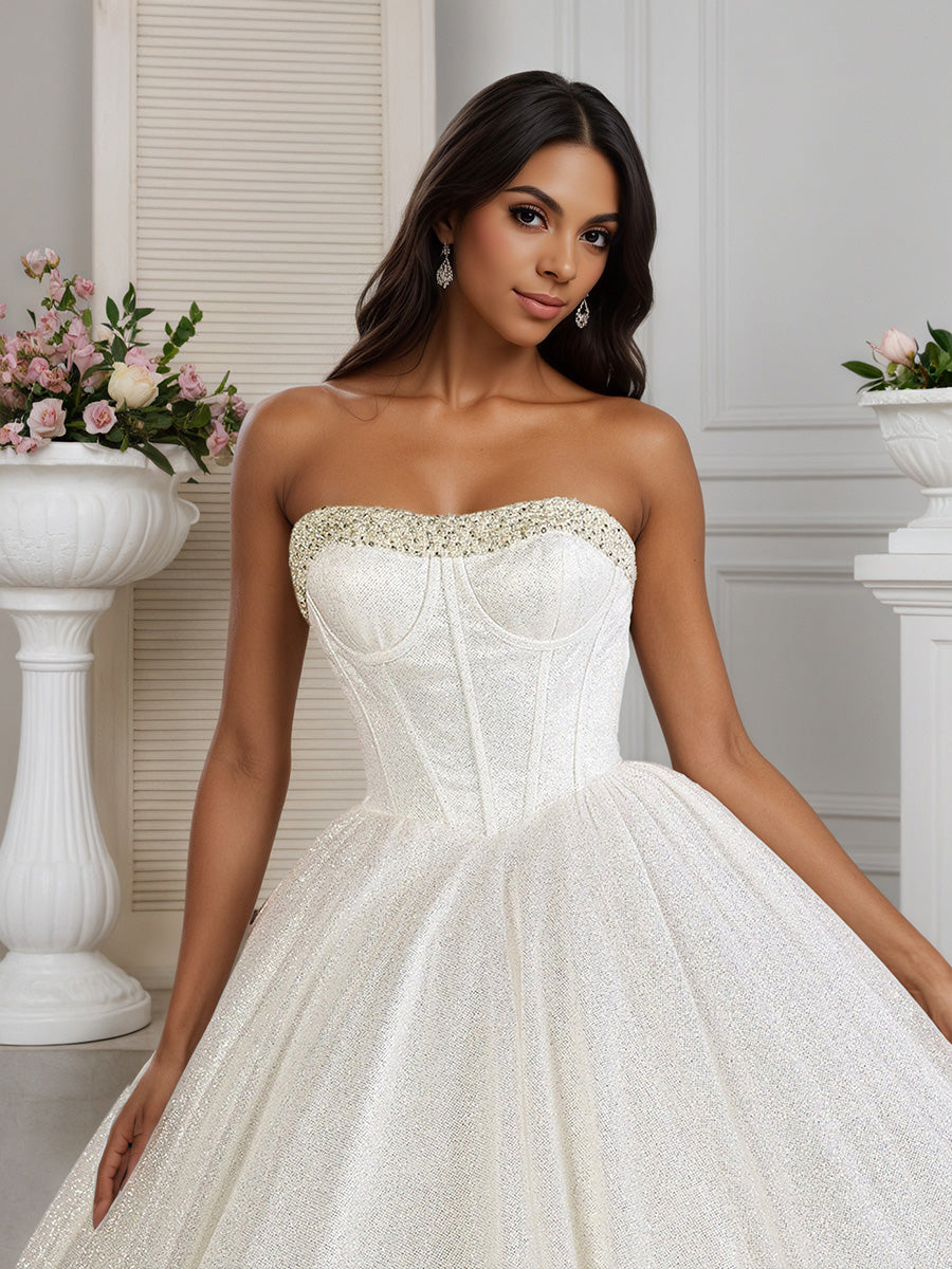 Cicinia Robe de Mariée sans Bretelles sans Manches Perlé Lacé Dos Charmante Traîne Balayée
