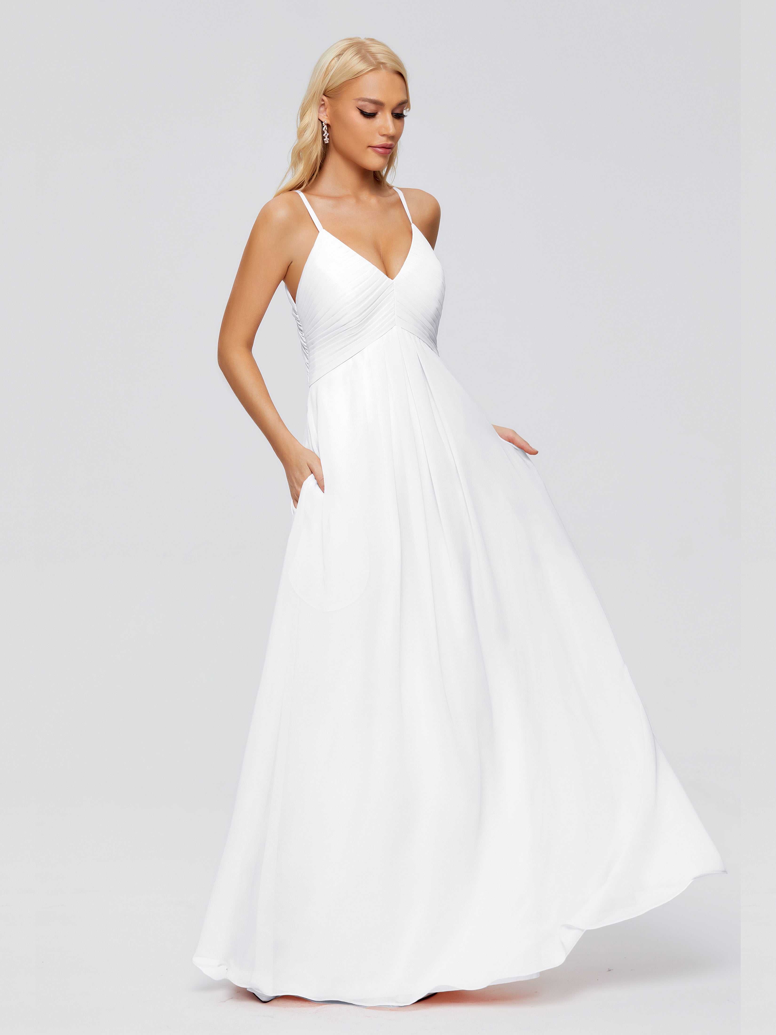 Longues Robes De Demoiselle D'Honneur Blanches Trapèze Bretelles Spaghetti Mousseline Robes Demoiselle D'Honneur