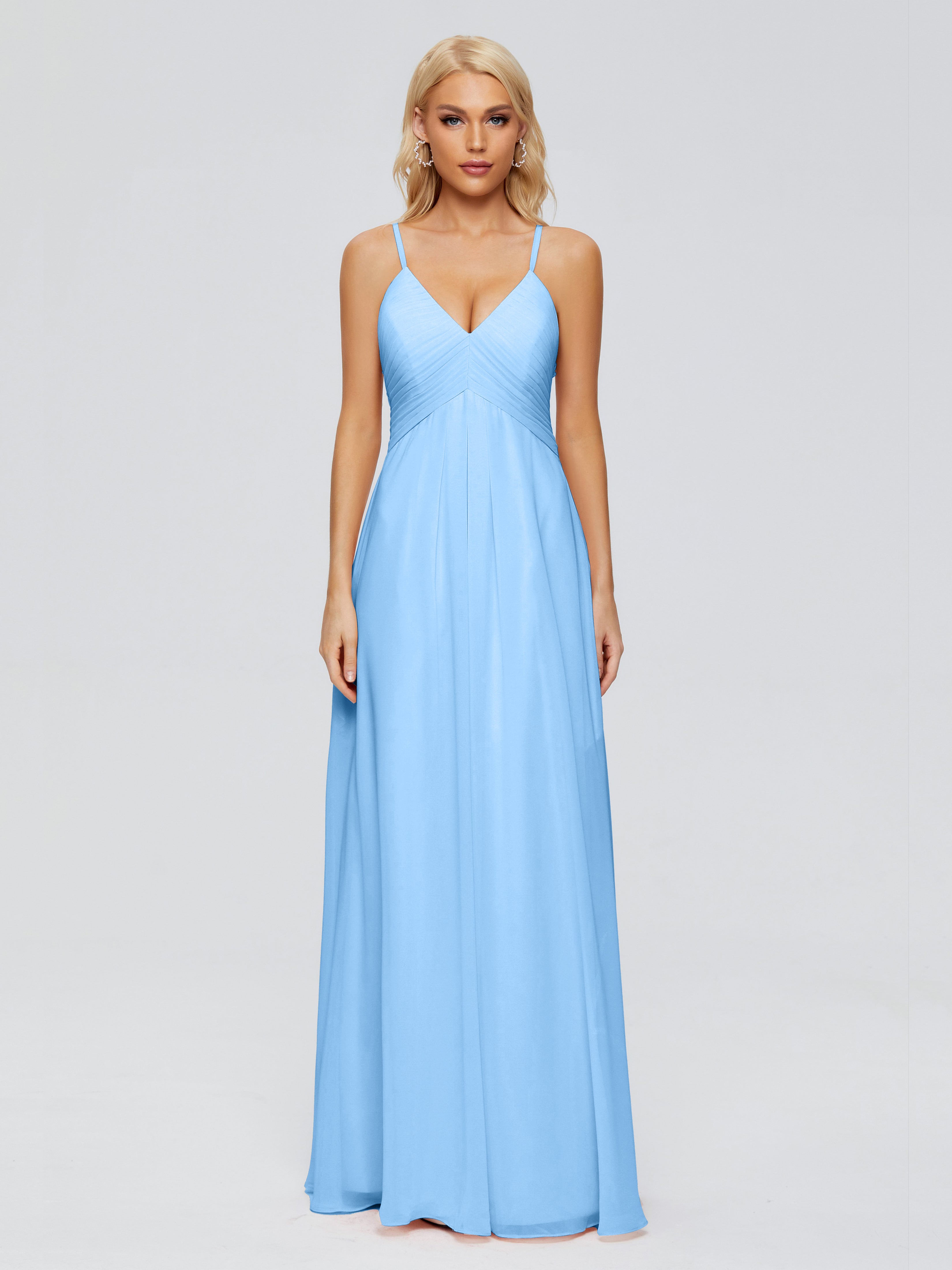 Robe Demoiselle D Honneur Bleu Trapèze Bretelles Spaghetti Mousseline Robes Demoiselle D'Honneur