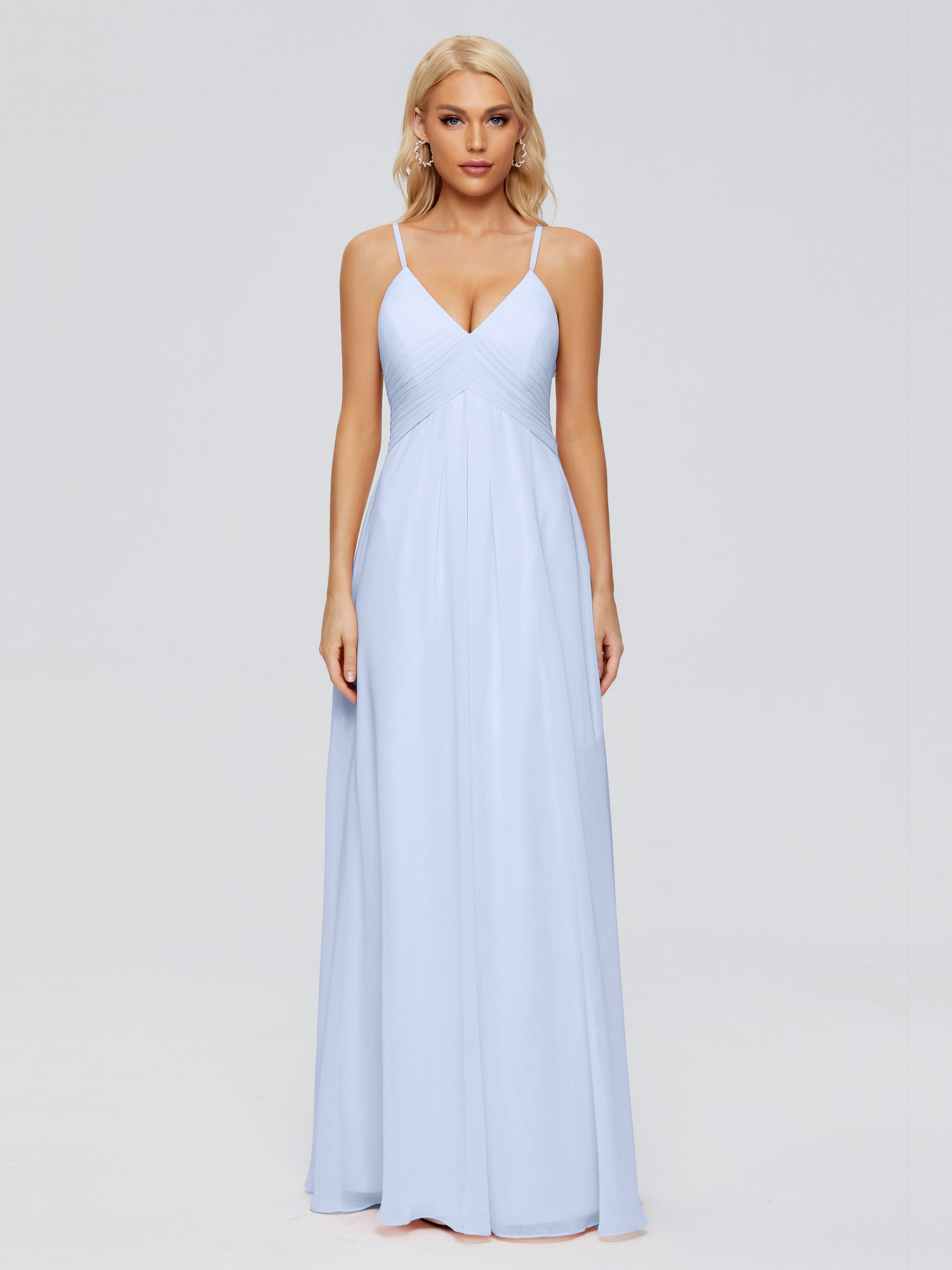 Robe De Demoiselle D Honneur Bleu Ciel Trapèze Bretelles Spaghetti Mousseline Robes Demoiselle D'Honneur