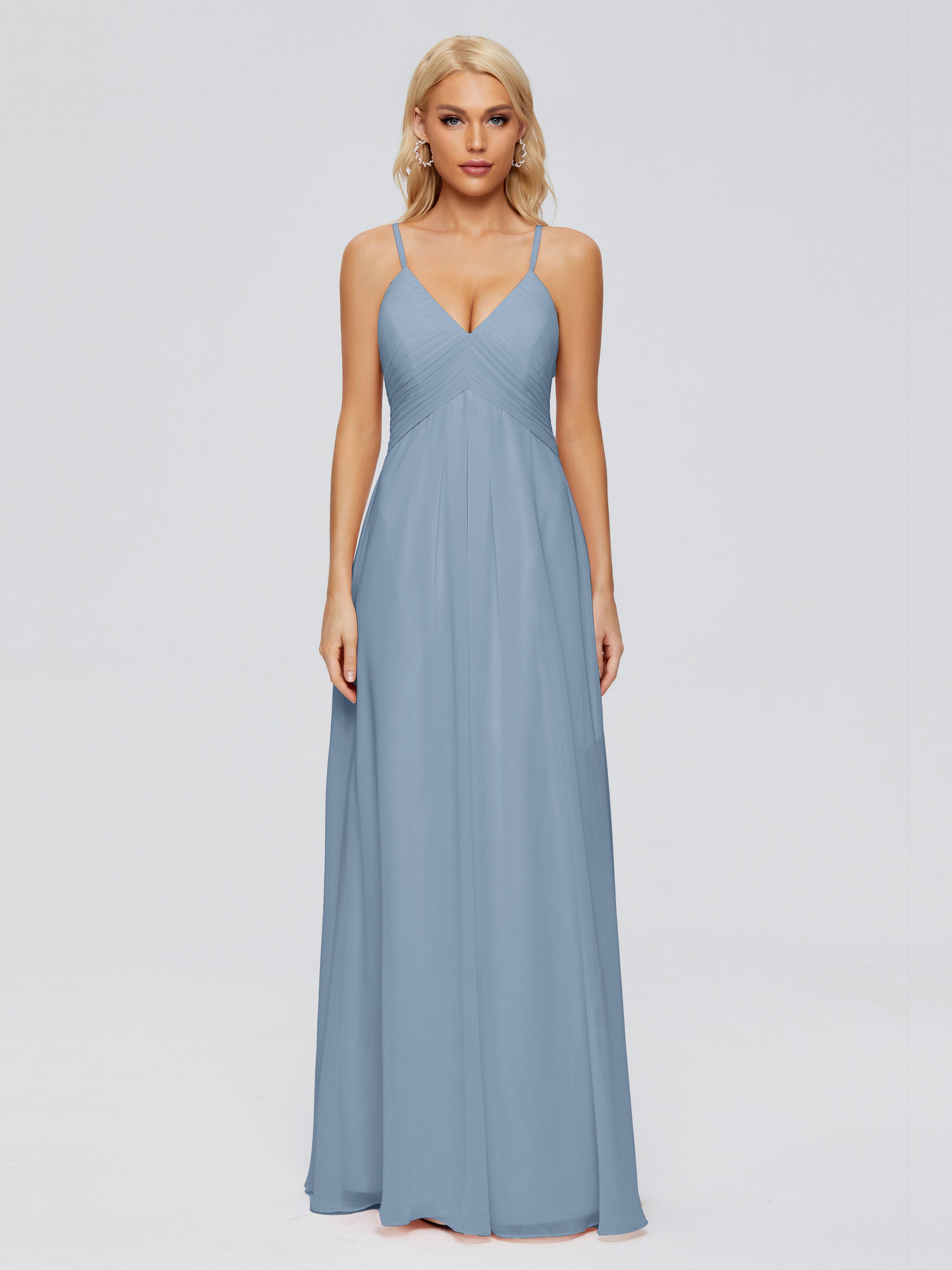 Robes De Demoiselle D'Honneur Bleu De Schiste Trapèze Col V Bretelles Spaghetti Mousseline Robes Demoiselle D'Honneur