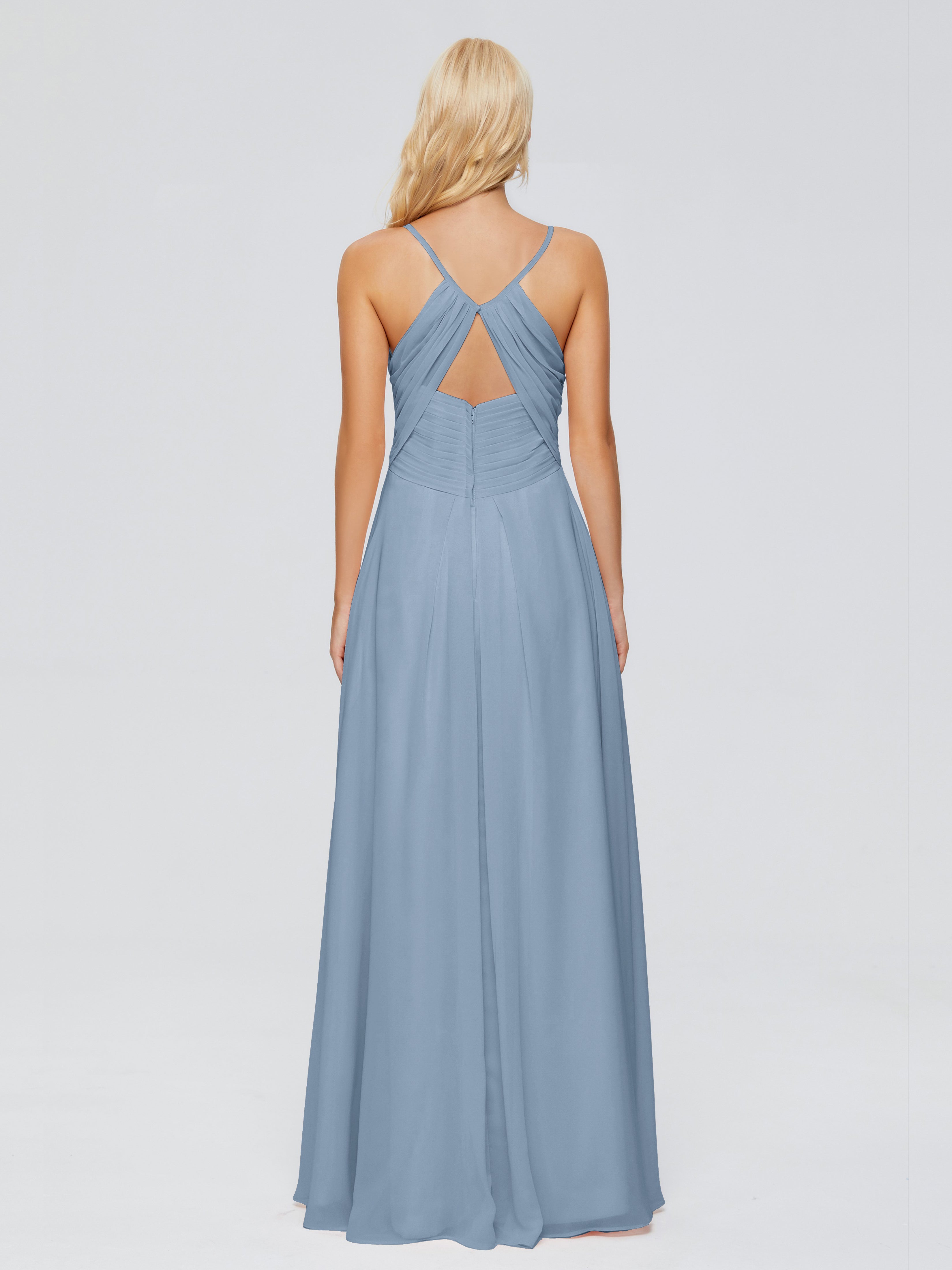 Robes De Demoiselle D'Honneur Bleu De Schiste Trapèze Col V Bretelles Spaghetti Mousseline Robes Demoiselle D'Honneur