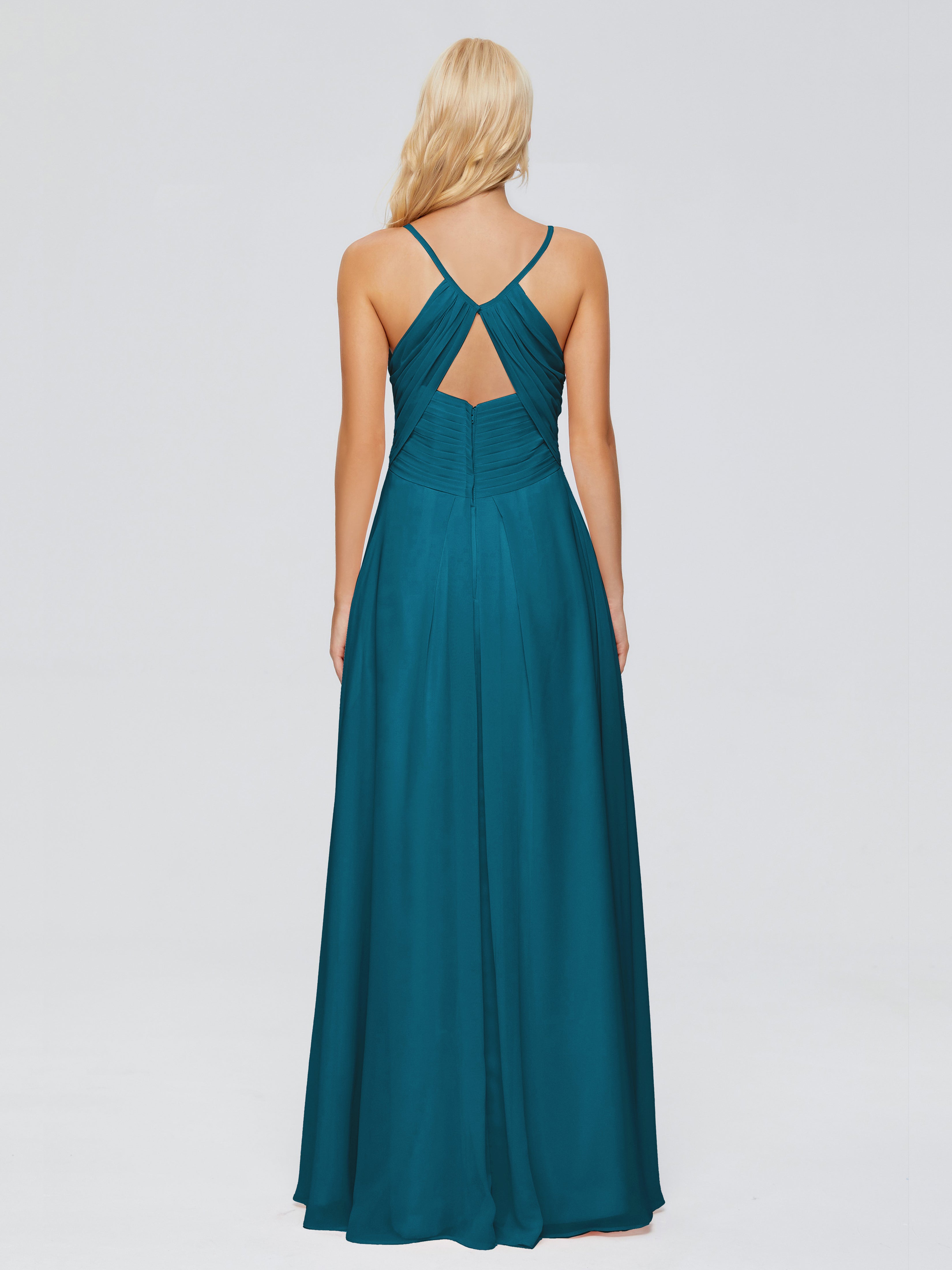 Robe De Demoiselle D'Honneur Bleu Encre Trapèze Col V Bretelles Spaghetti Mousseline Robes Demoiselle D'Honneur