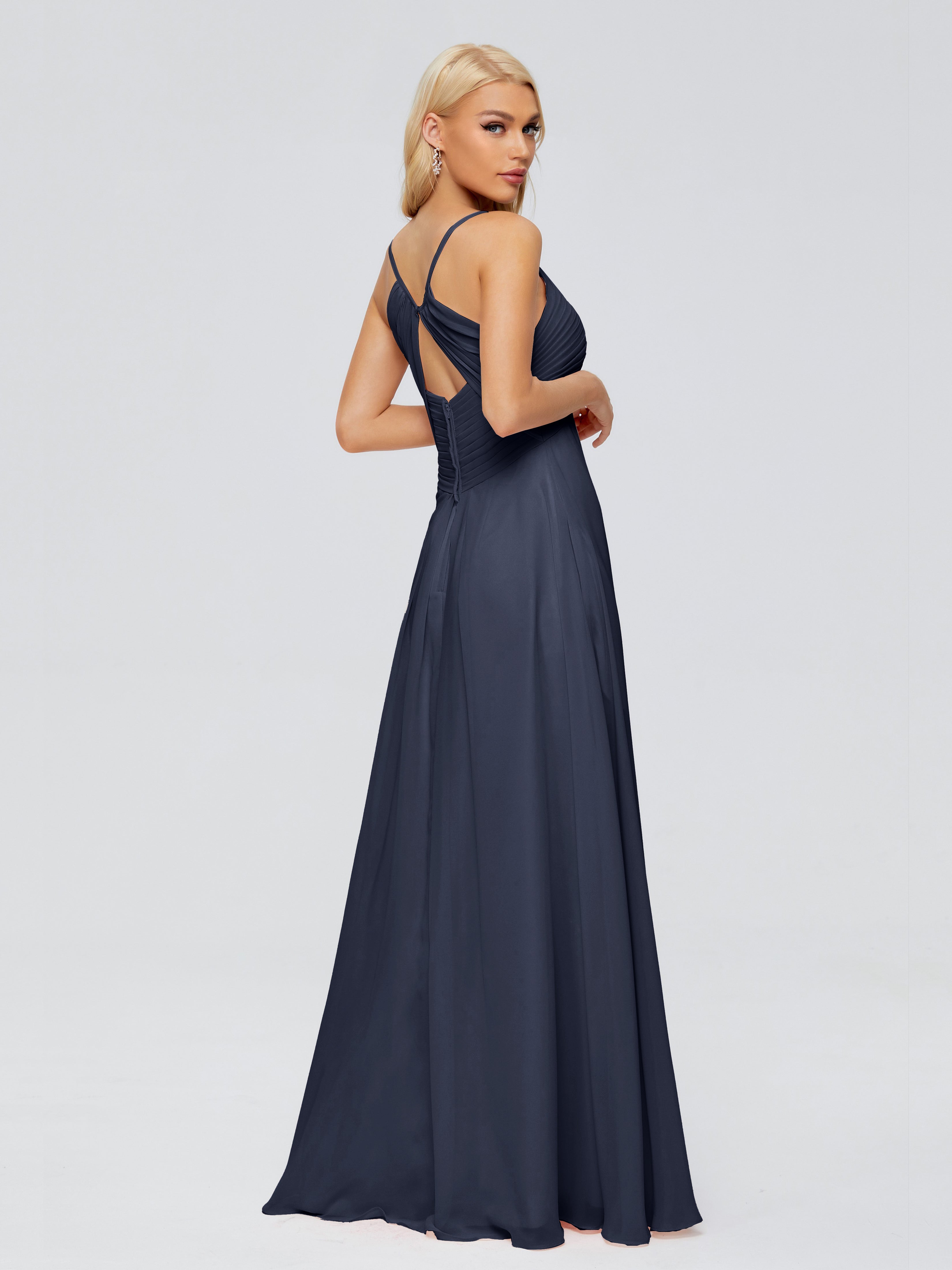 Robes De Demoiselle D'Honneur Bleu Marine Modestes Trapèze Bretelles Spaghetti Mousseline Robes Demoiselle D'Honneur