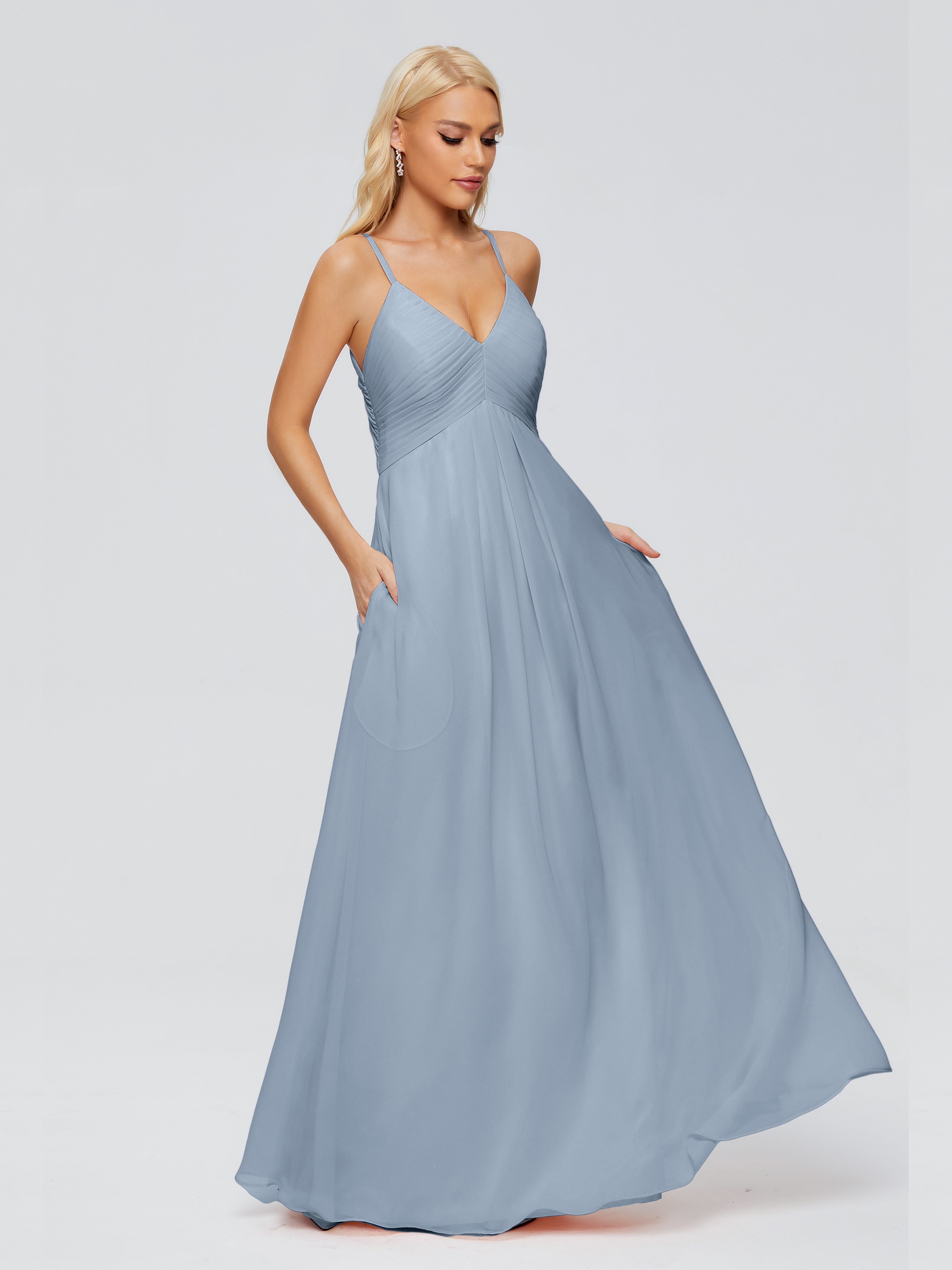 Robes De Demoiselle D'Honneur Bleu Poudre Trapèze Bretelles Spaghetti Mousseline Robes Demoiselle D'Honneur