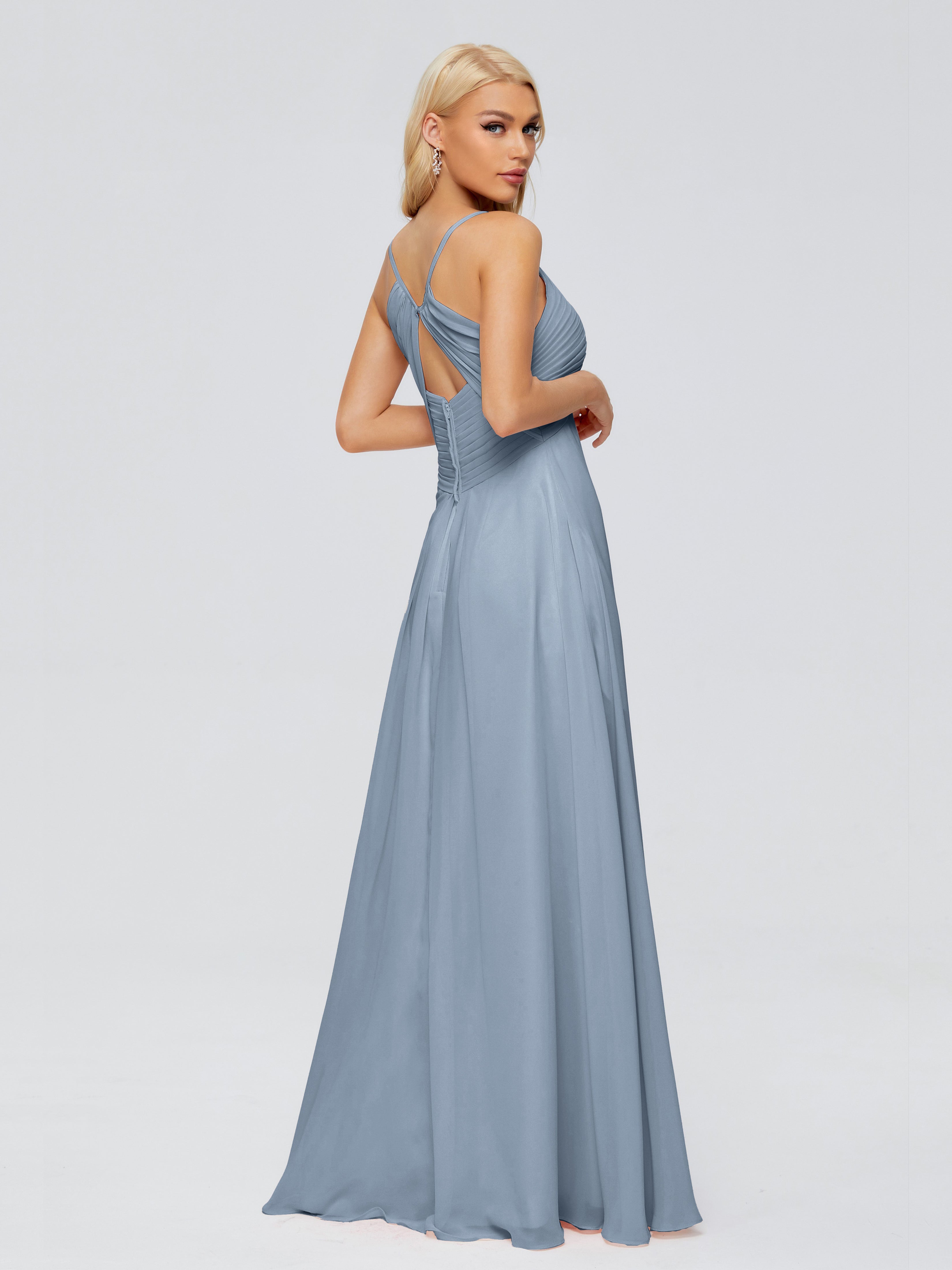 Robes De Demoiselle D'Honneur Bleu Poudre Trapèze Bretelles Spaghetti Mousseline Robes Demoiselle D'Honneur