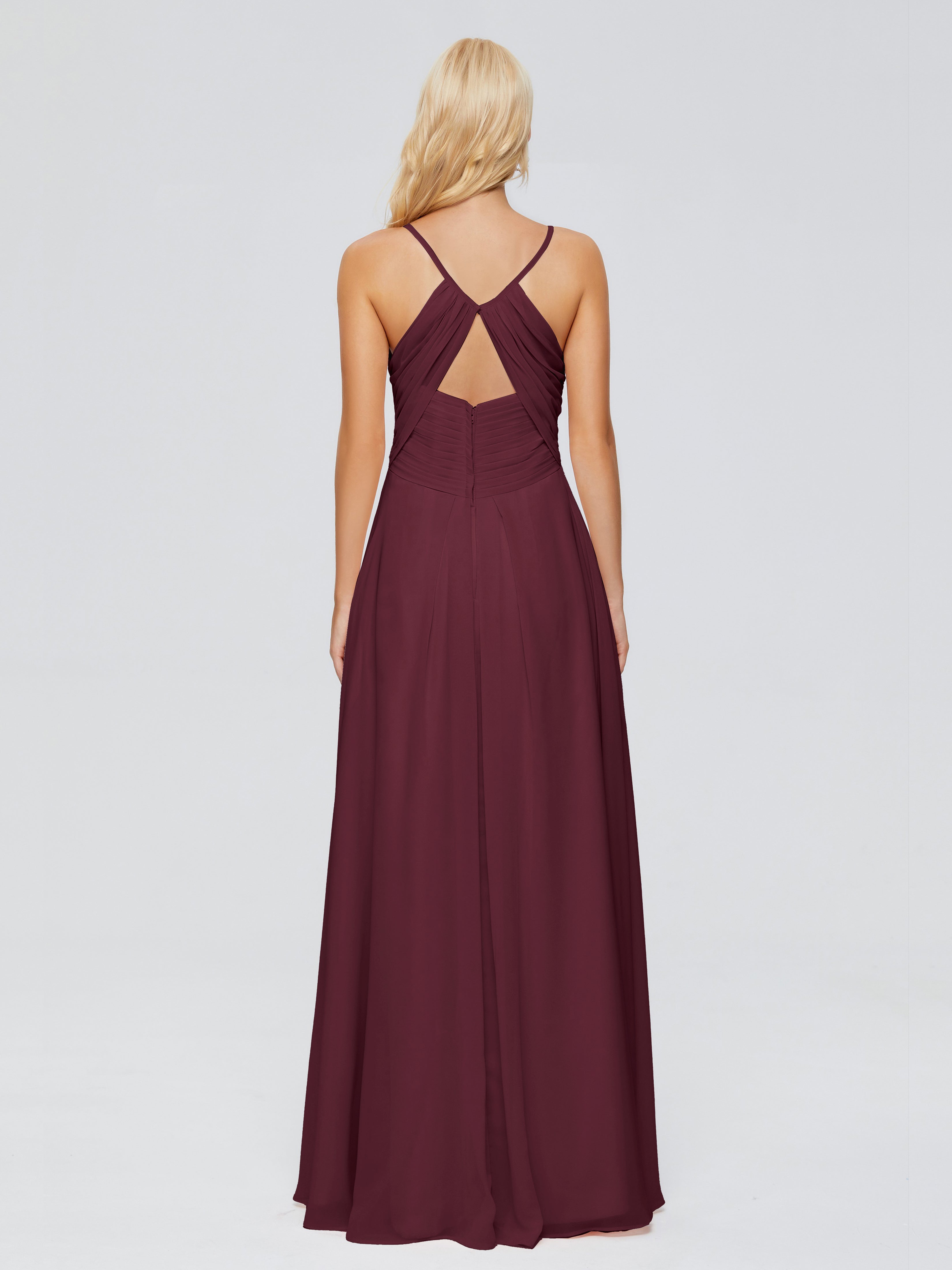 Robes De Demoiselle D'Honneur Cabernet Trapèze Col V Bretelles Spaghetti Mousseline Robes Demoiselle D'Honneur