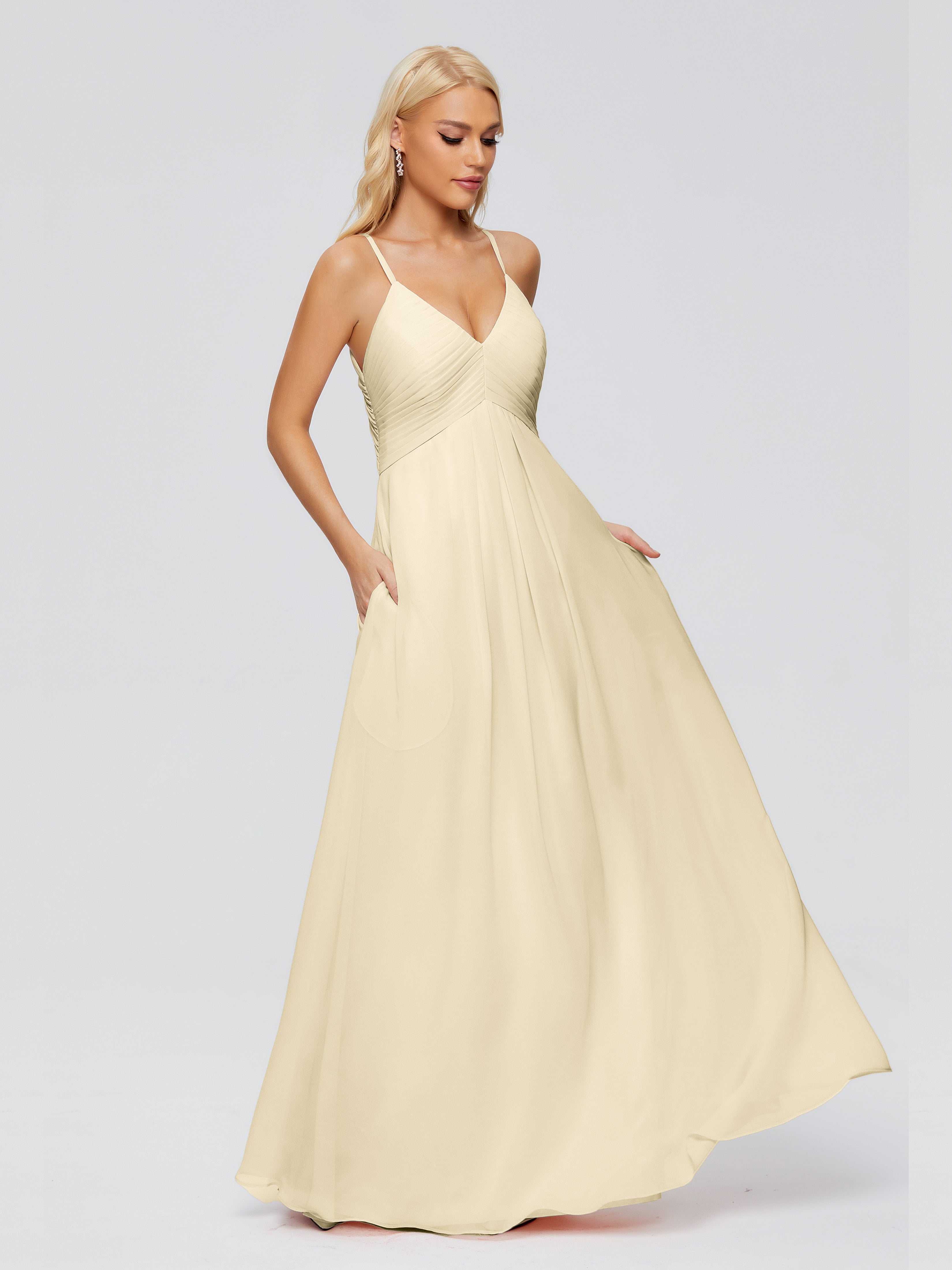 Robe De Demoiselle D'Honneur Champagne Trapèze Bretelles Spaghetti Mousseline Robes Demoiselle D'Honneur