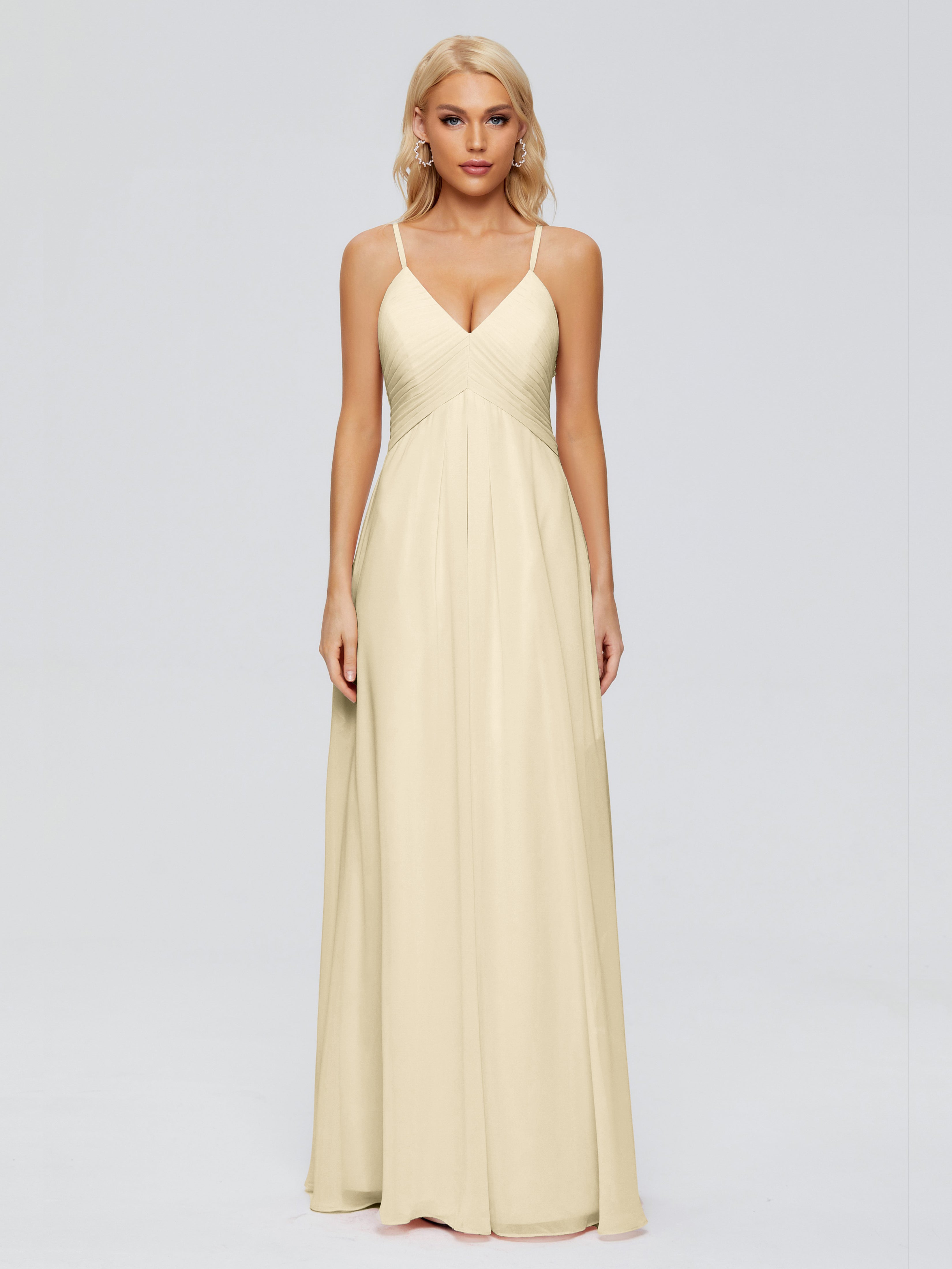 Robe De Demoiselle D'Honneur Champagne Trapèze Bretelles Spaghetti Mousseline Robes Demoiselle D'Honneur