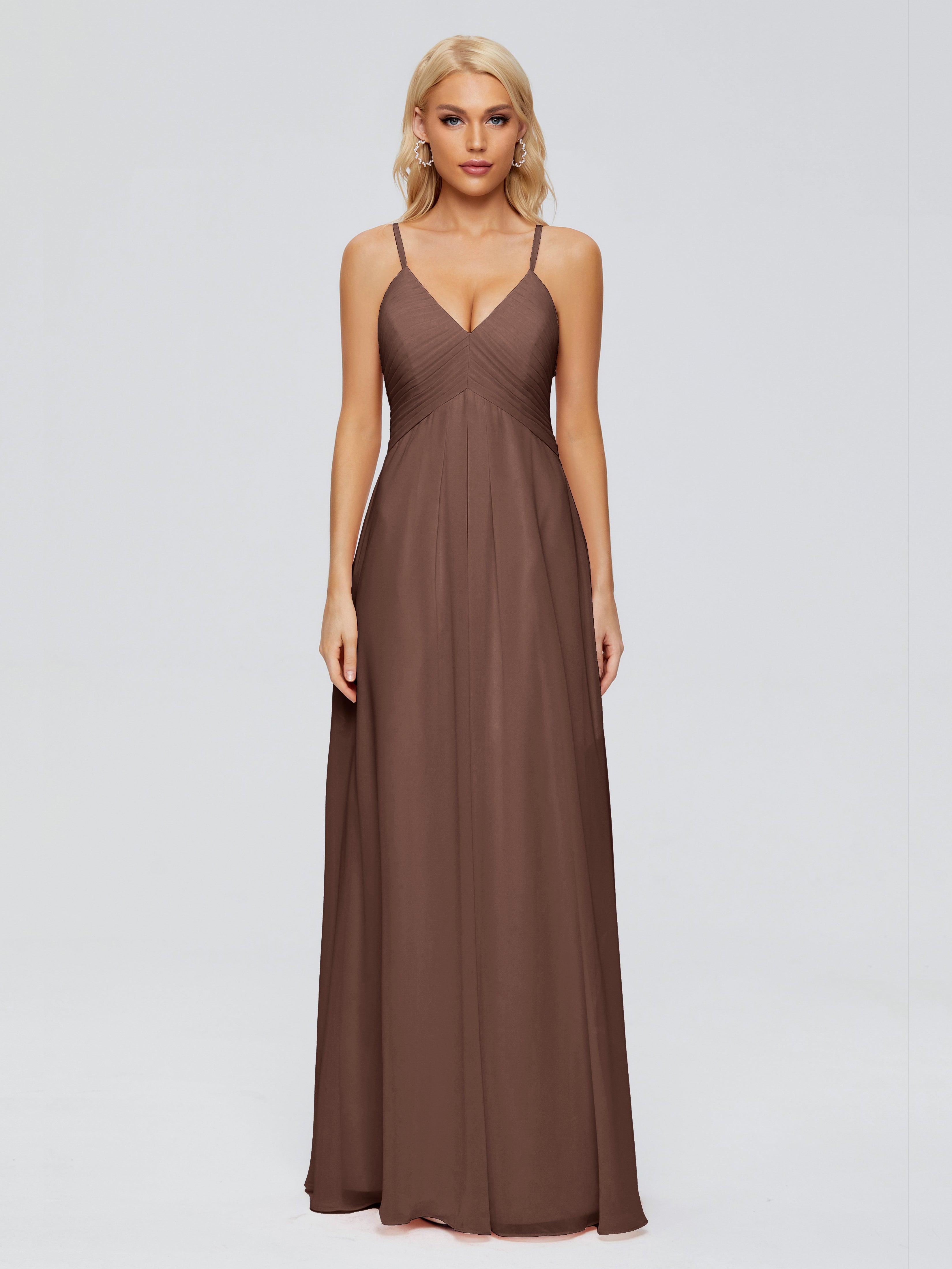 Robes De Demoiselle D'Honneur En Chocolat Trapèze Bretelles Spaghetti Mousseline Robes Demoiselle D'Honneur