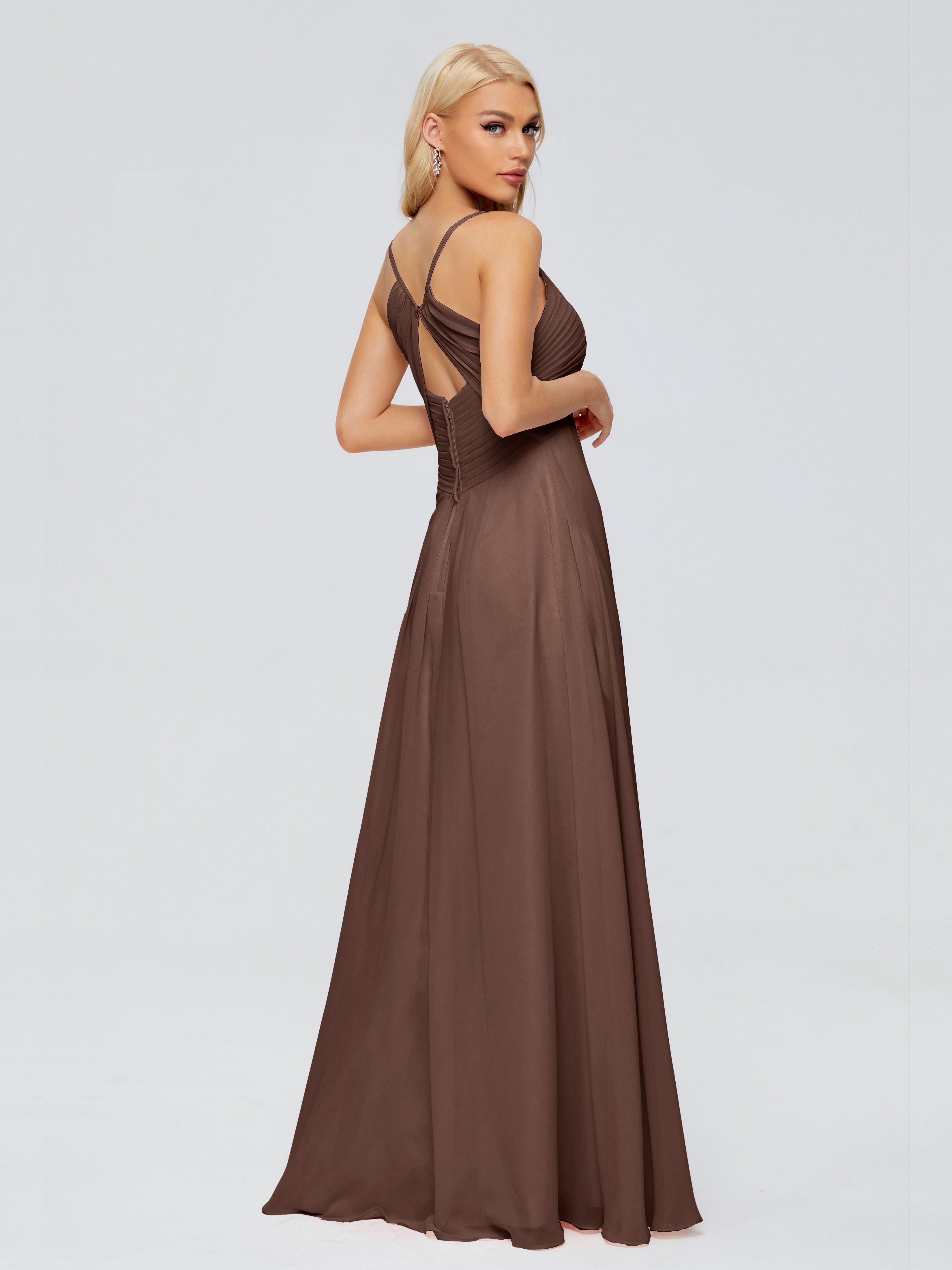 Robes De Demoiselle D'Honneur En Chocolat Trapèze Bretelles Spaghetti Mousseline Robes Demoiselle D'Honneur