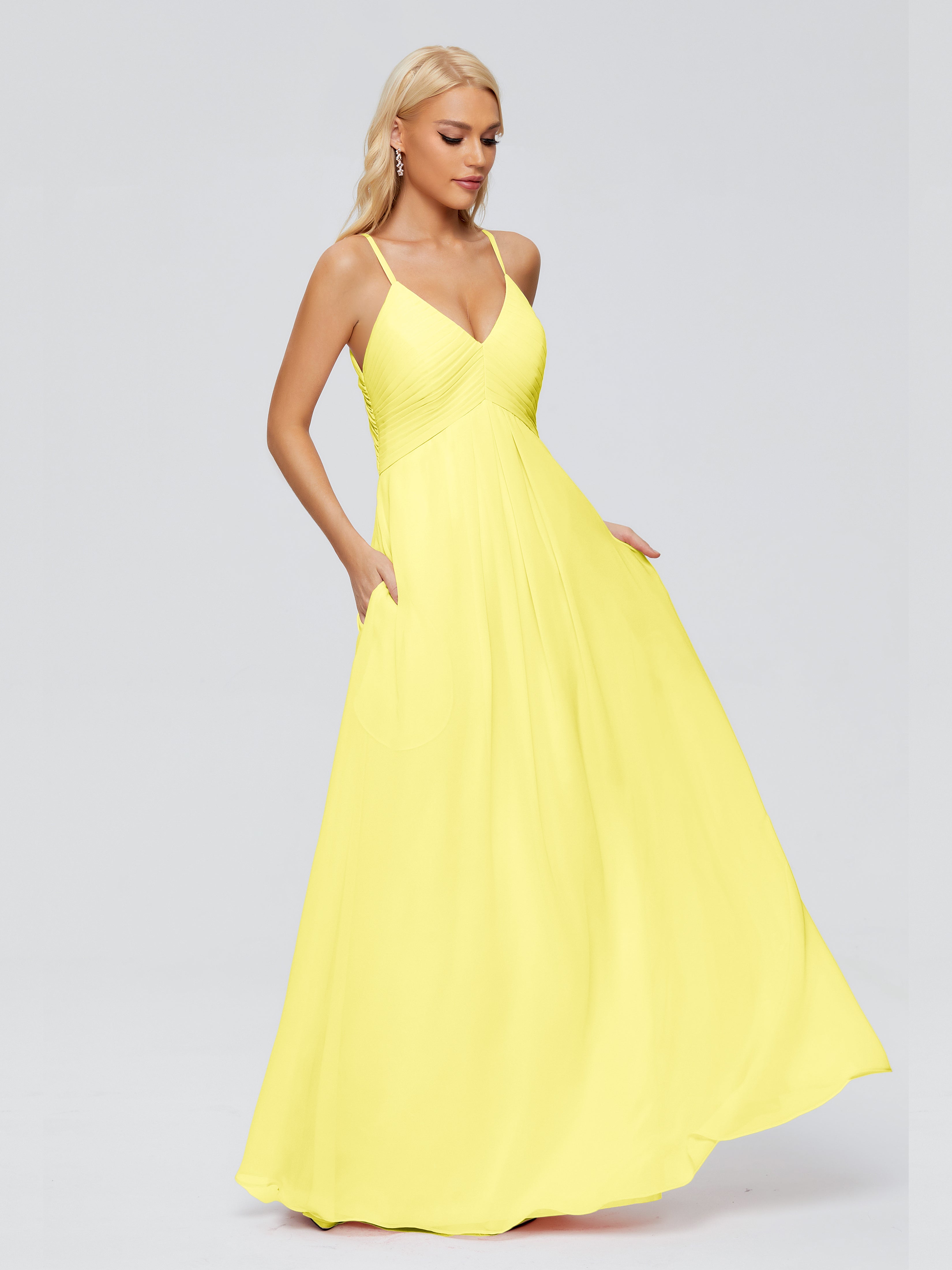 Robes De Demoiselle D'Honneur Citron Trapèze Col V Bretelles Spaghetti Mousseline Robes Demoiselle D'Honneur