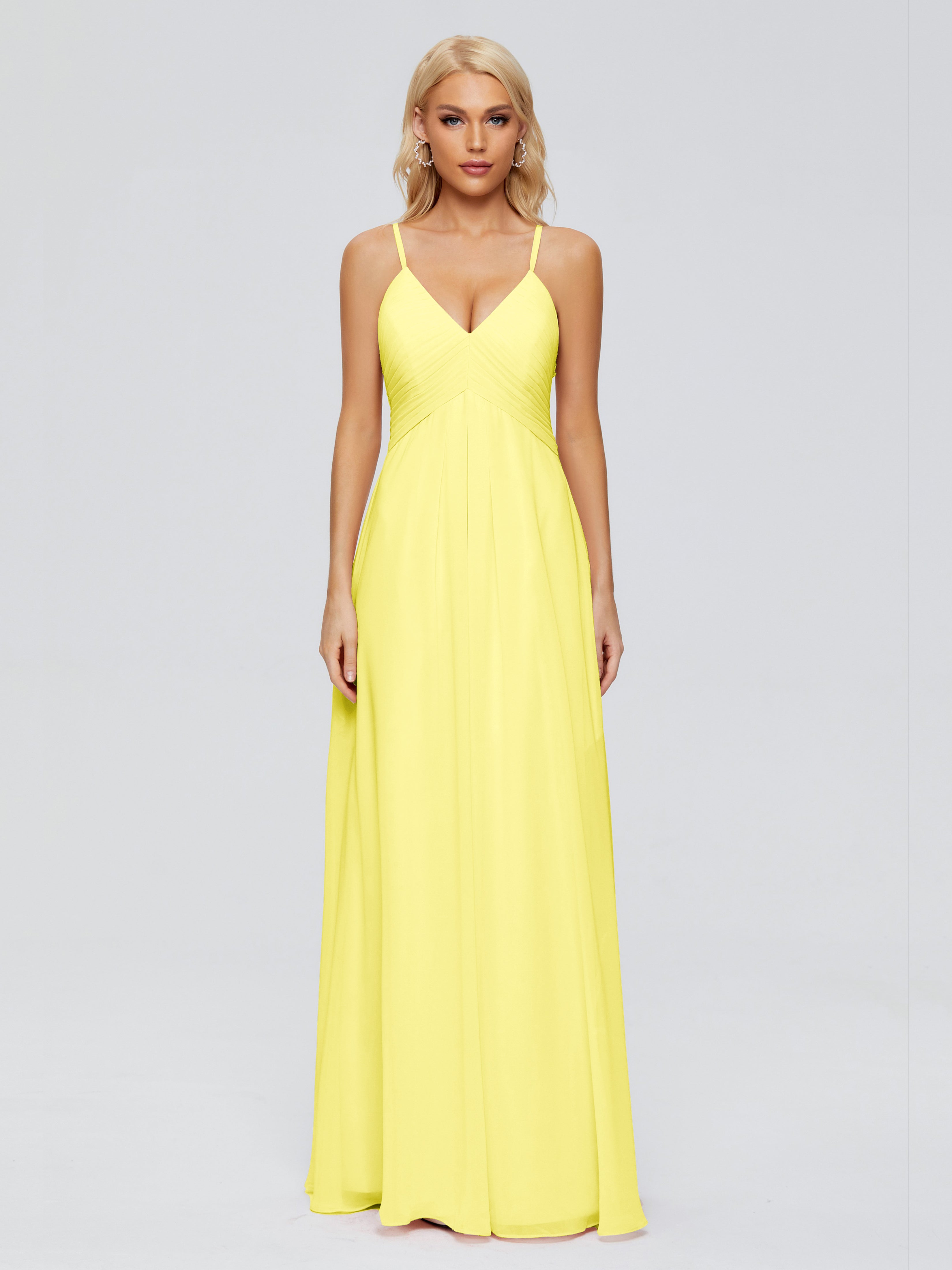Robes De Demoiselle D'Honneur Citron Trapèze Col V Bretelles Spaghetti Mousseline Robes Demoiselle D'Honneur