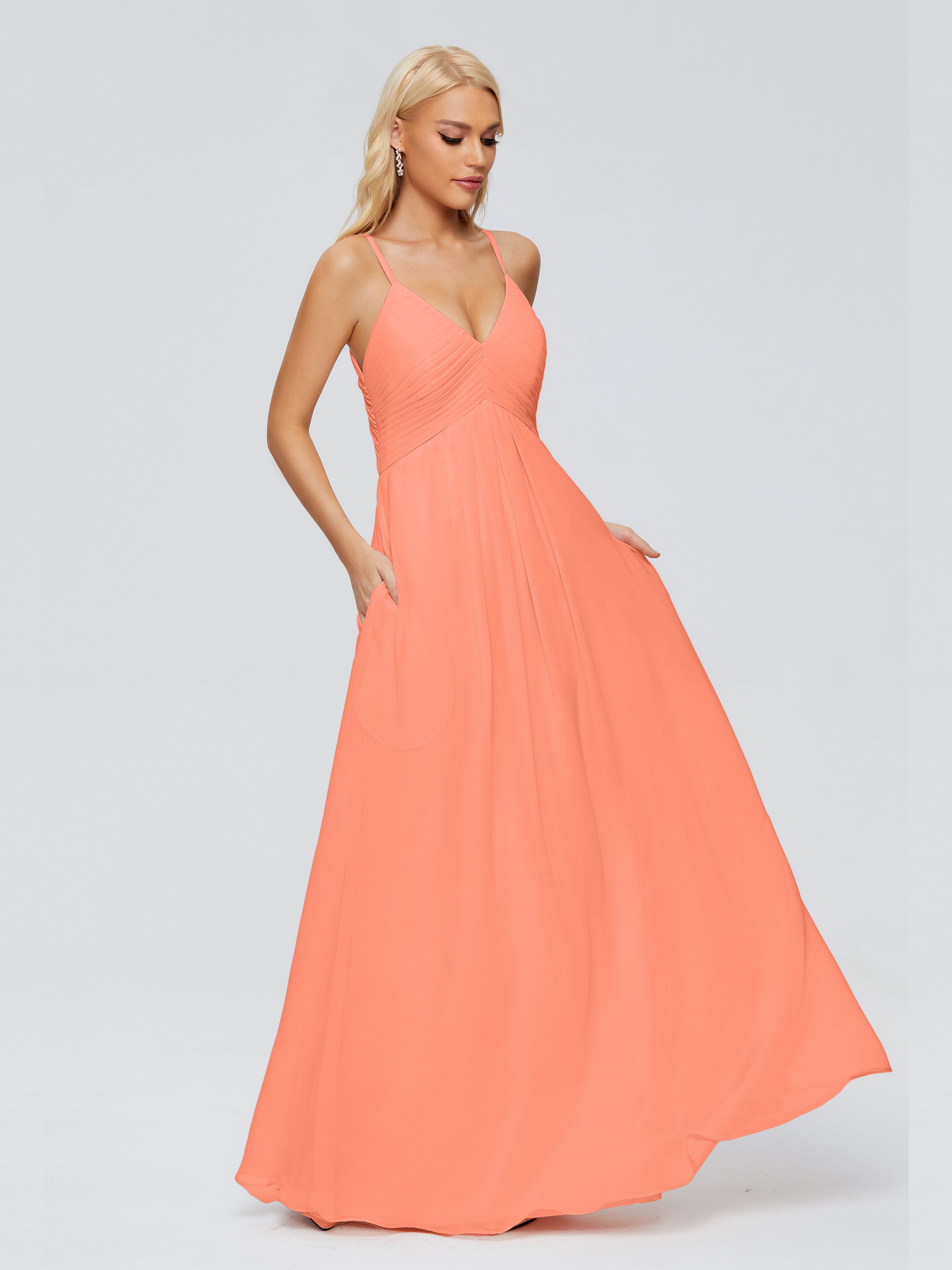 Robes De Demoiselle D'Honneur Coucher De Soleil Trapèze Col V Bretelles Spaghetti Mousseline Robes Demoiselle D'Honneur