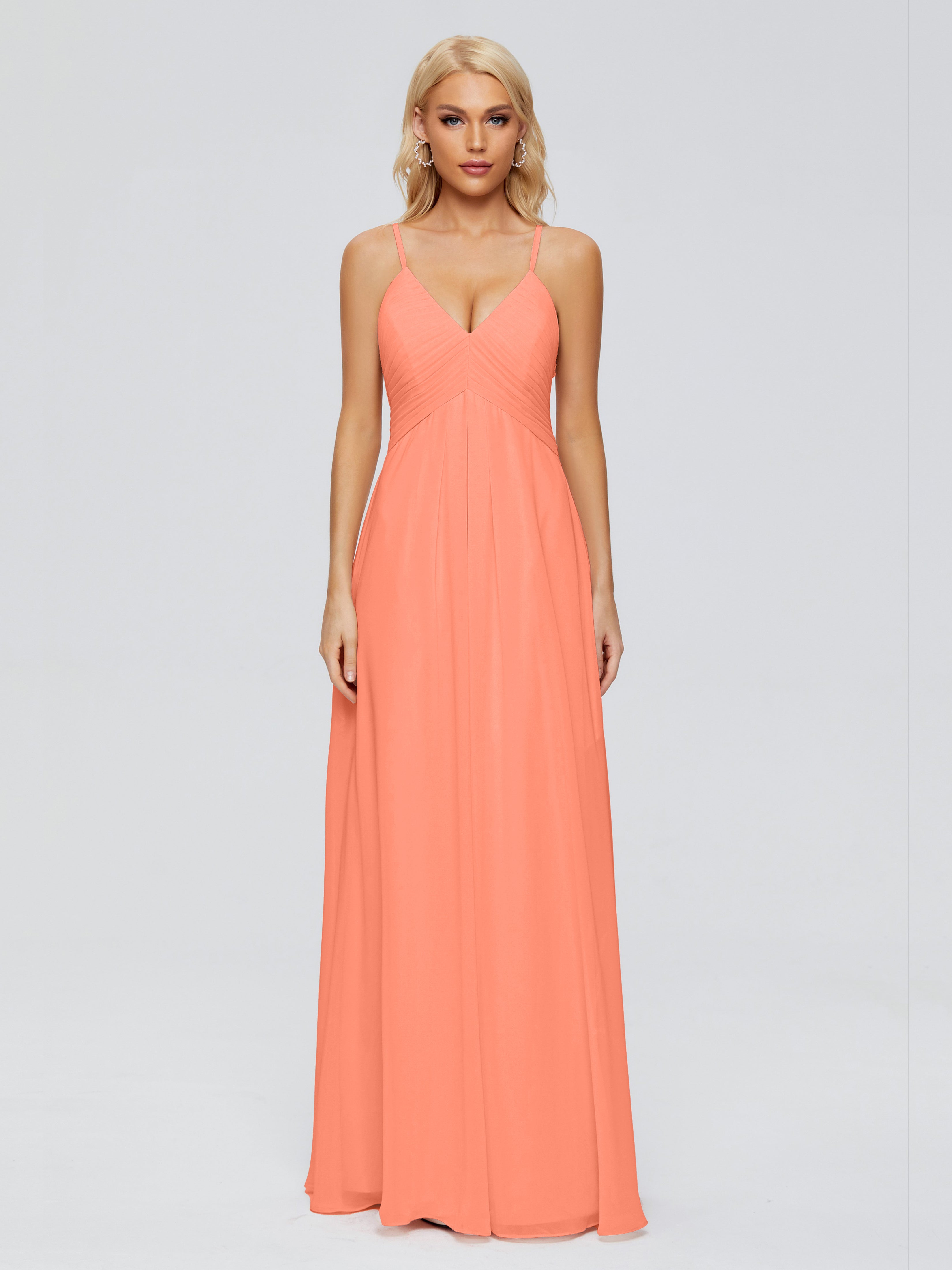 Robes De Demoiselle D'Honneur Coucher De Soleil Trapèze Col V Bretelles Spaghetti Mousseline Robes Demoiselle D'Honneur