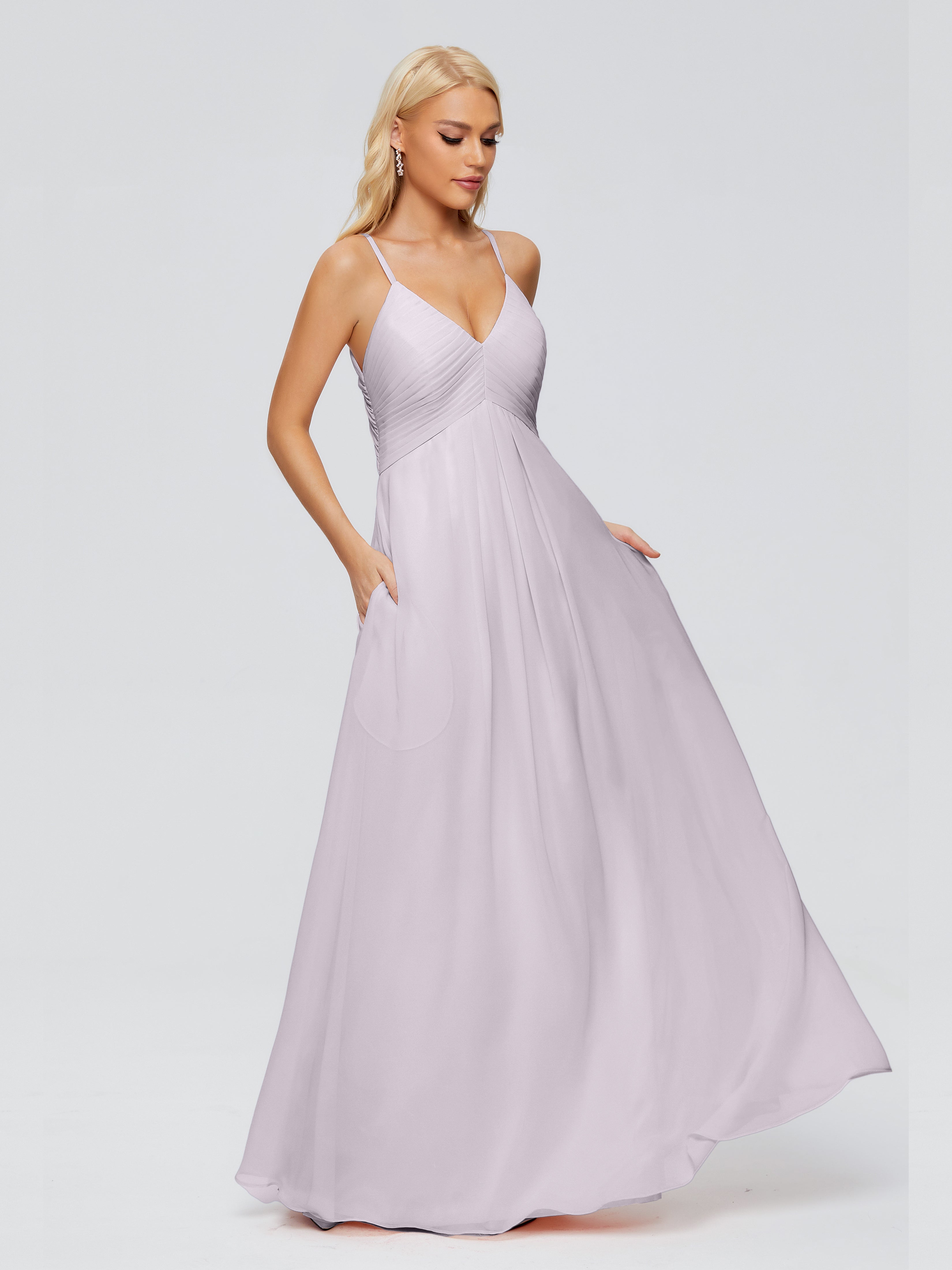 Robes De Demoiselle D'Honneur Crépuscule Trapèze Col V Bretelles Spaghetti Mousseline Robes Demoiselle D'Honneur