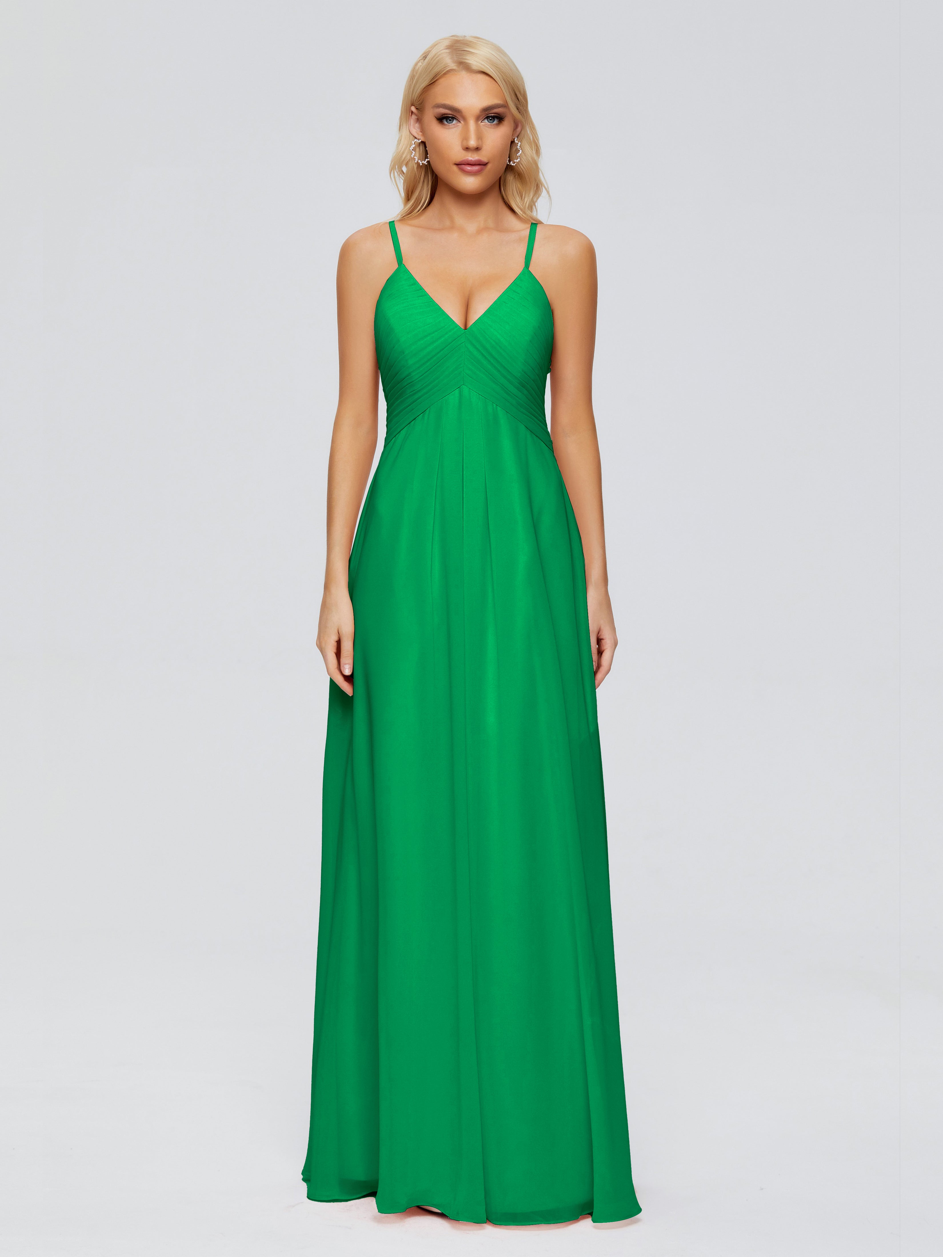 Robes De Demoiselle D'Honneur Vert Émeraude Trapèze Col V Bretelles Spaghetti Mousseline Robes Demoiselle D'Honneur