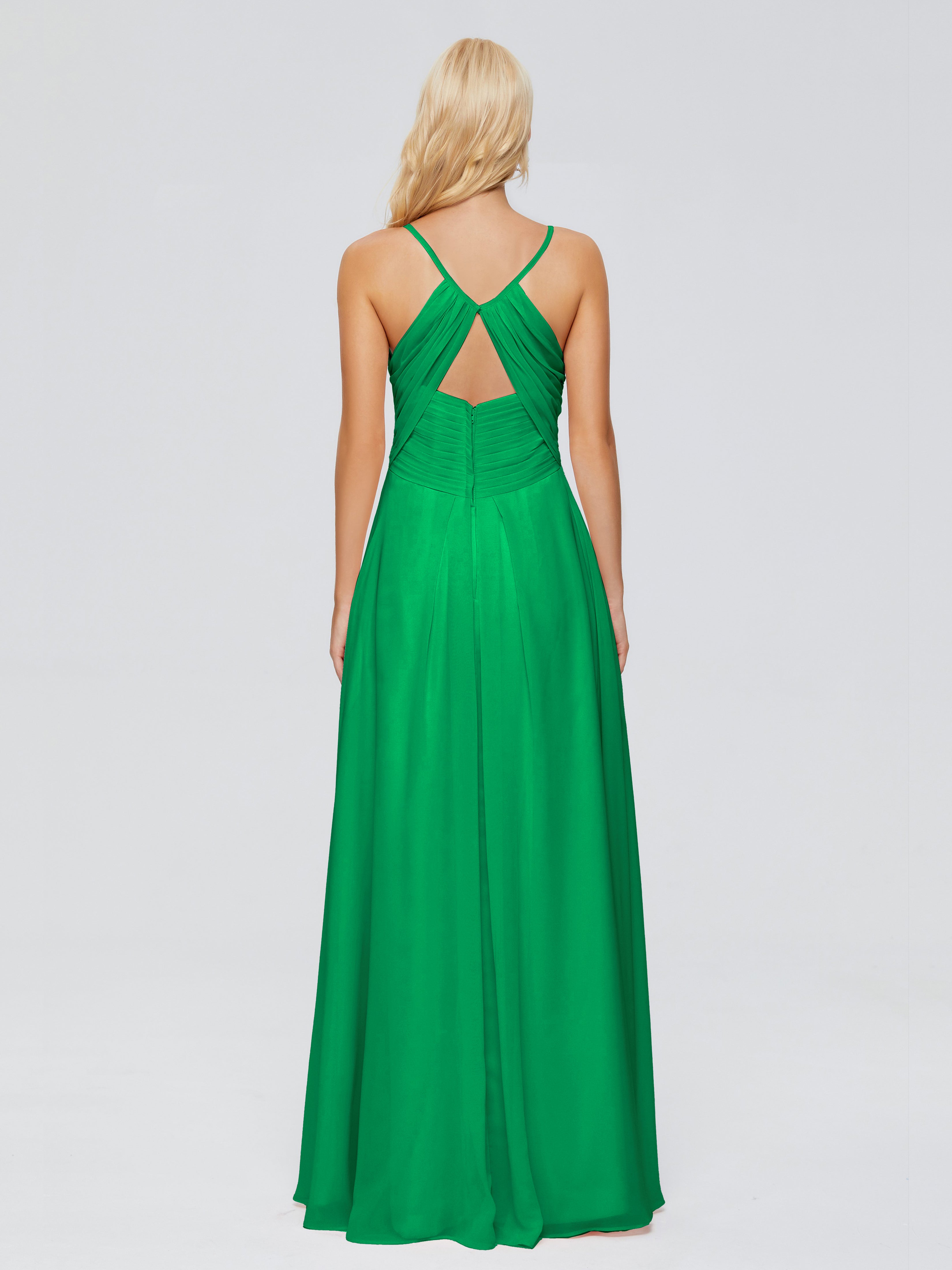 Robes De Demoiselle D'Honneur Vert Émeraude Trapèze Col V Bretelles Spaghetti Mousseline Robes Demoiselle D'Honneur