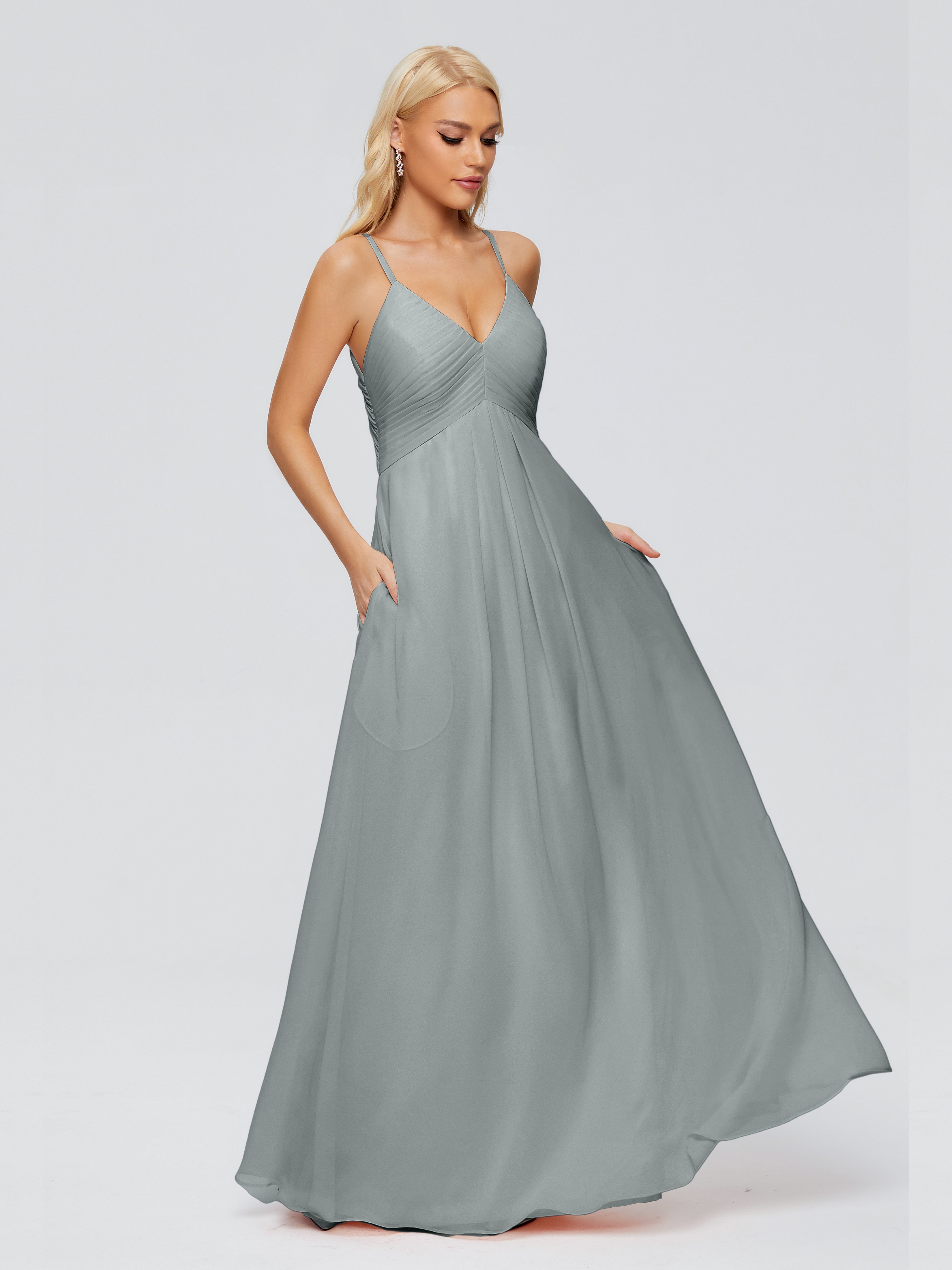 Robe De Demoiselle D Honneur Gris Trapèze Bretelles Spaghetti Mousseline Robes Demoiselle D'Honneur