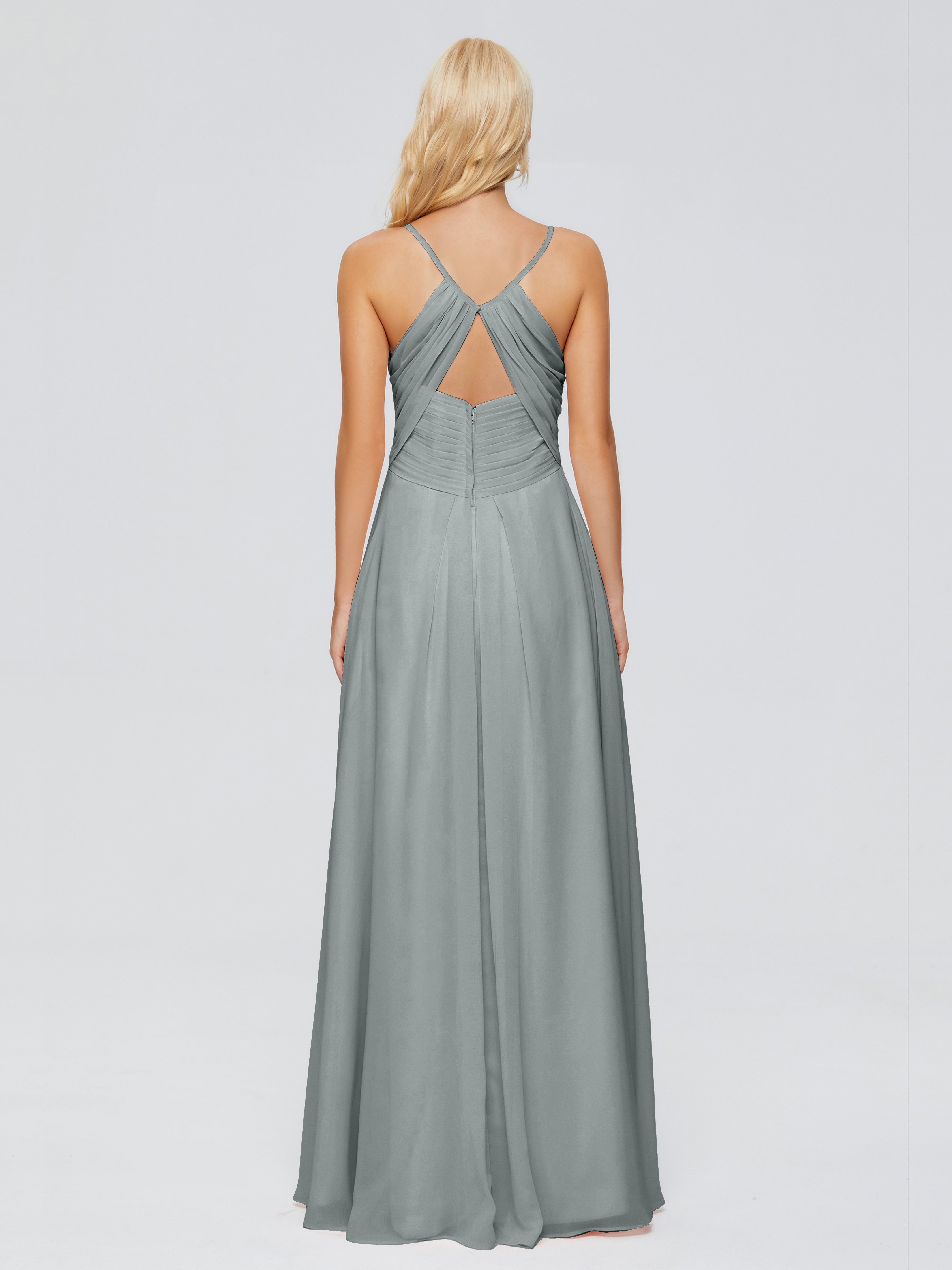 Robe De Demoiselle D Honneur Gris Trapèze Bretelles Spaghetti Mousseline Robes Demoiselle D'Honneur