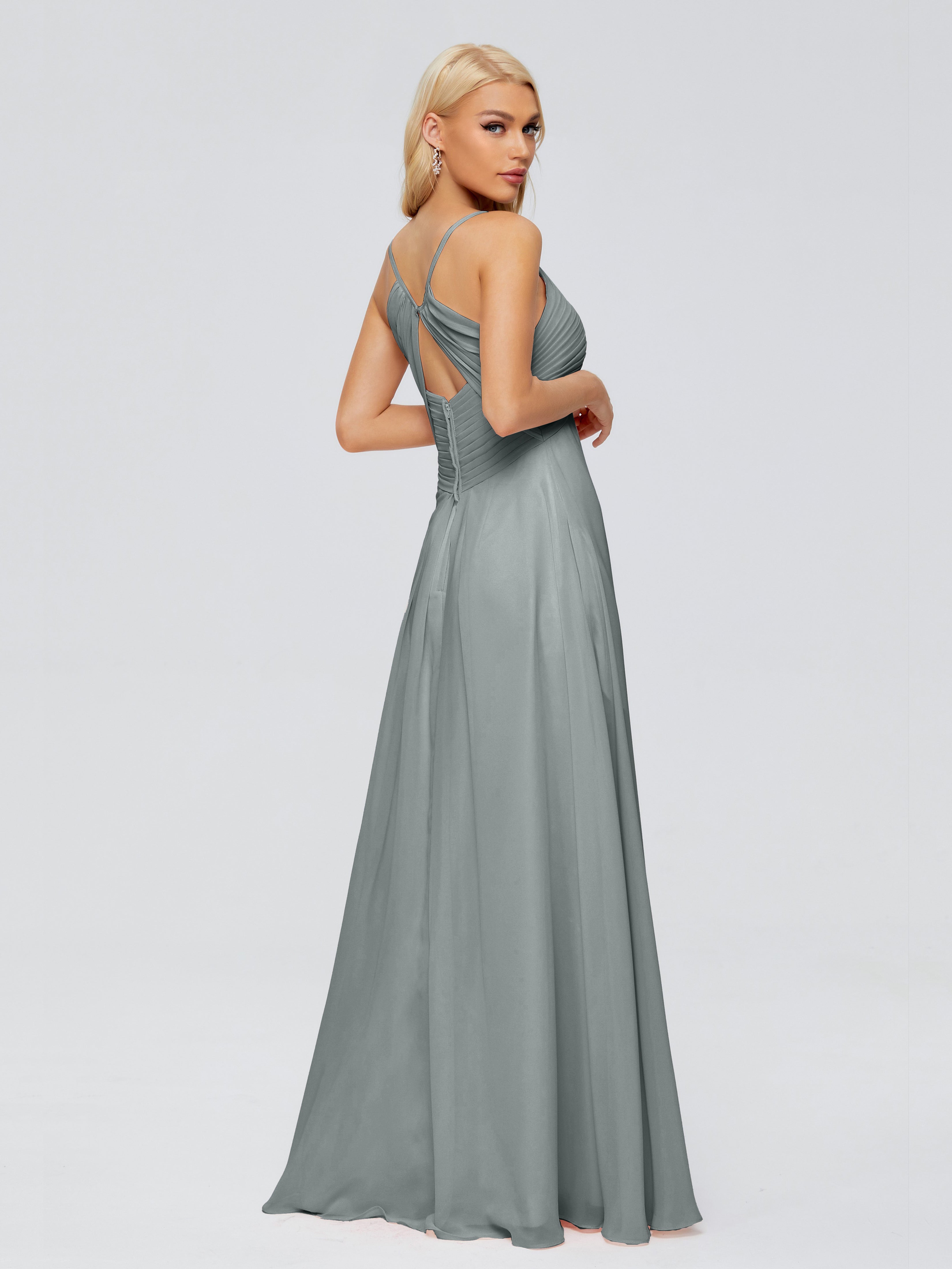 Robe De Demoiselle D Honneur Gris Trapèze Bretelles Spaghetti Mousseline Robes Demoiselle D'Honneur