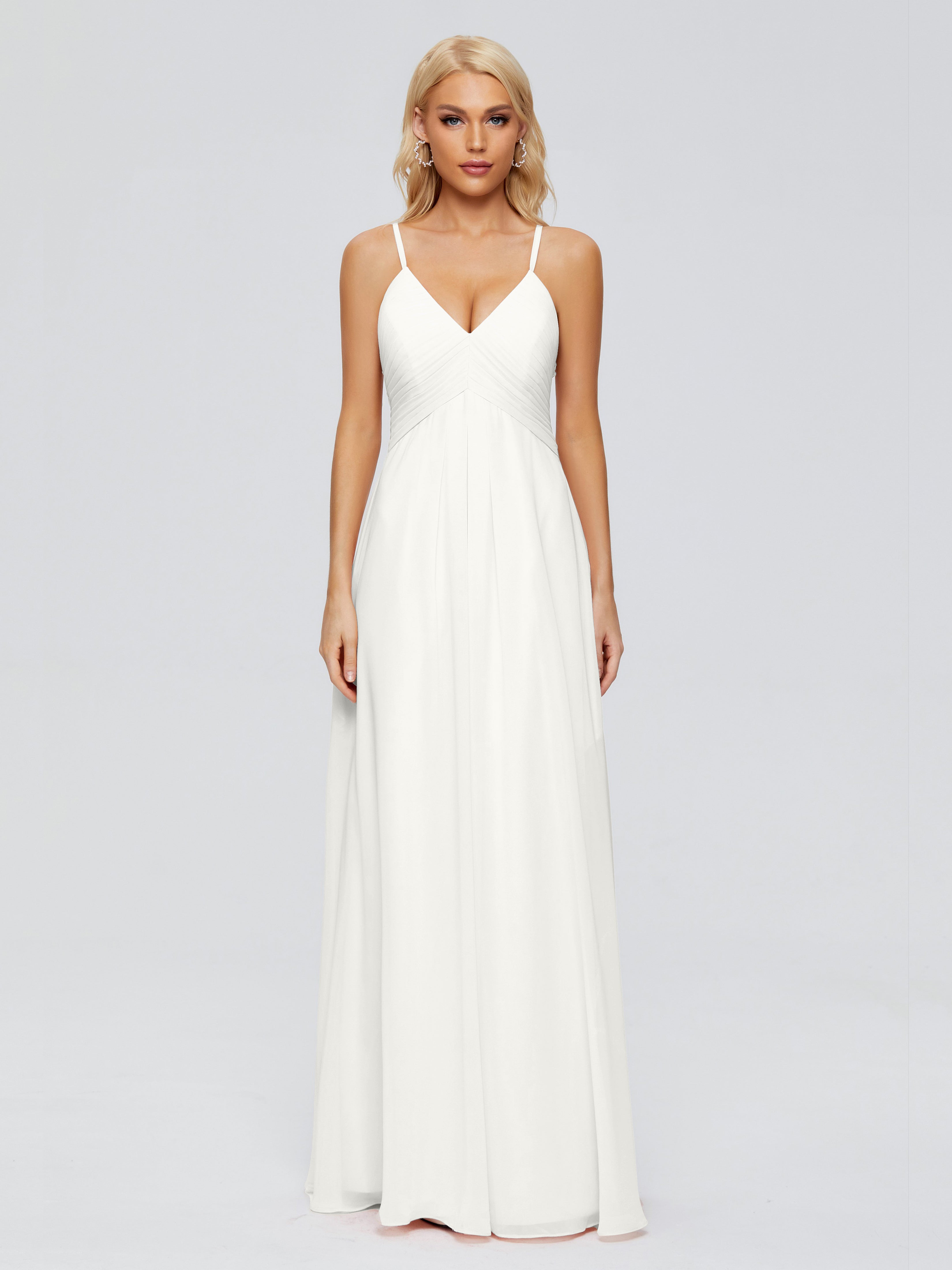 Robe Ivoire Demoiselle D Honneur Trapèze Col V Bretelles Spaghetti Mousseline Robes Demoiselle D'Honneur