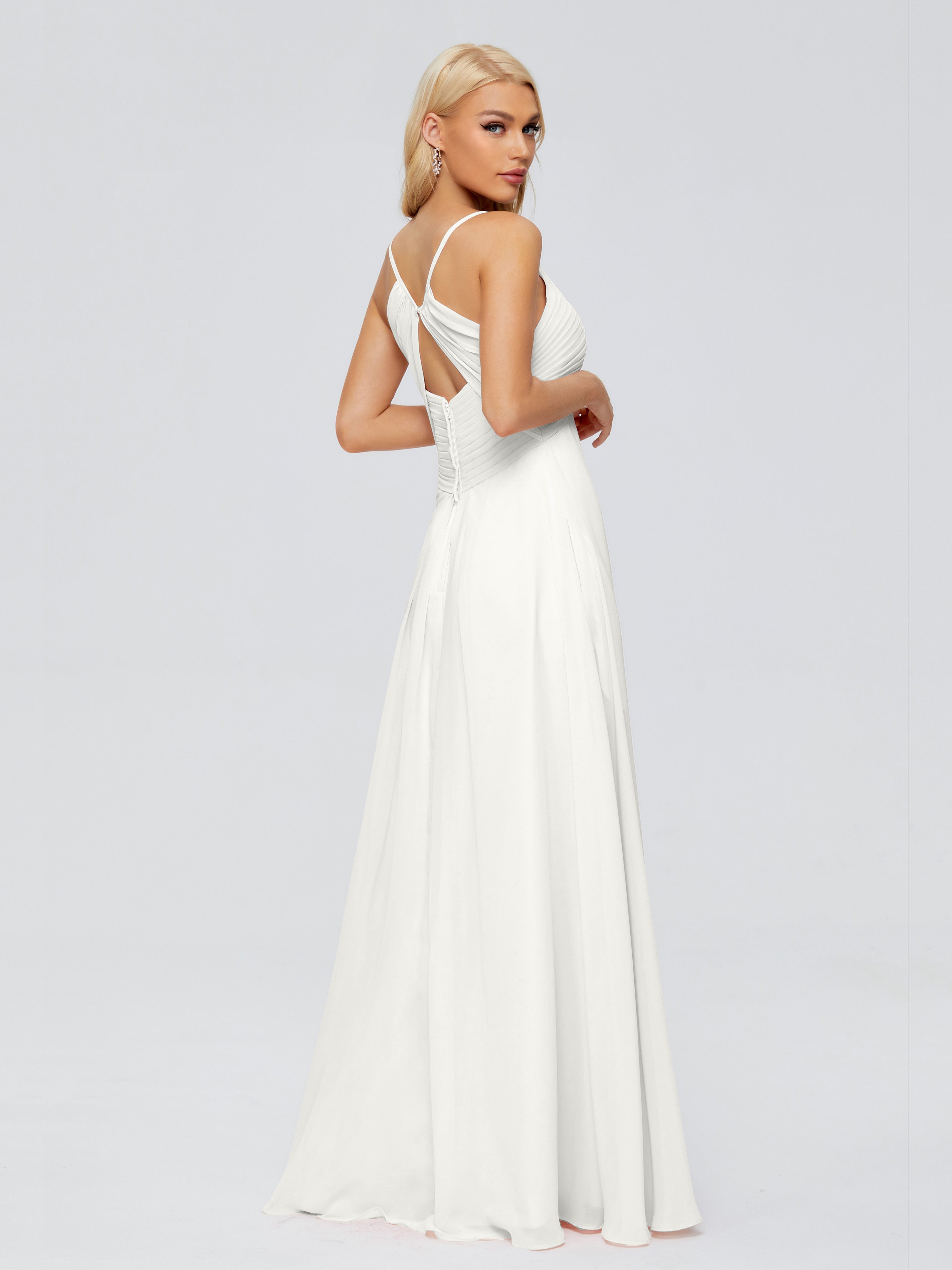 Robe Ivoire Demoiselle D Honneur Trapèze Col V Bretelles Spaghetti Mousseline Robes Demoiselle D'Honneur