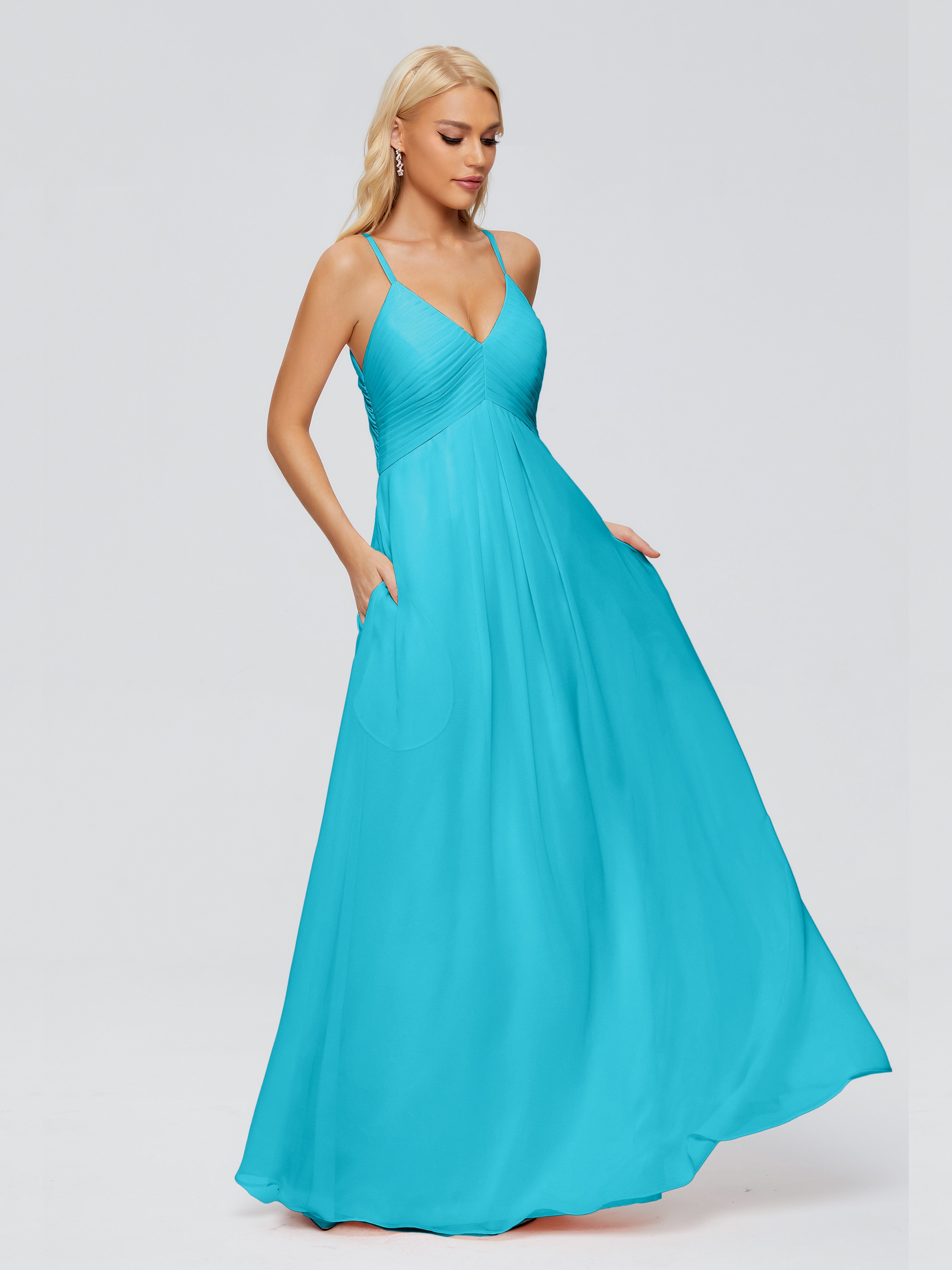 Robes De Demoiselle D'Honneur Vert Jade Trapèze Col V Bretelles Spaghetti Mousseline Robes Demoiselle D'Honneur