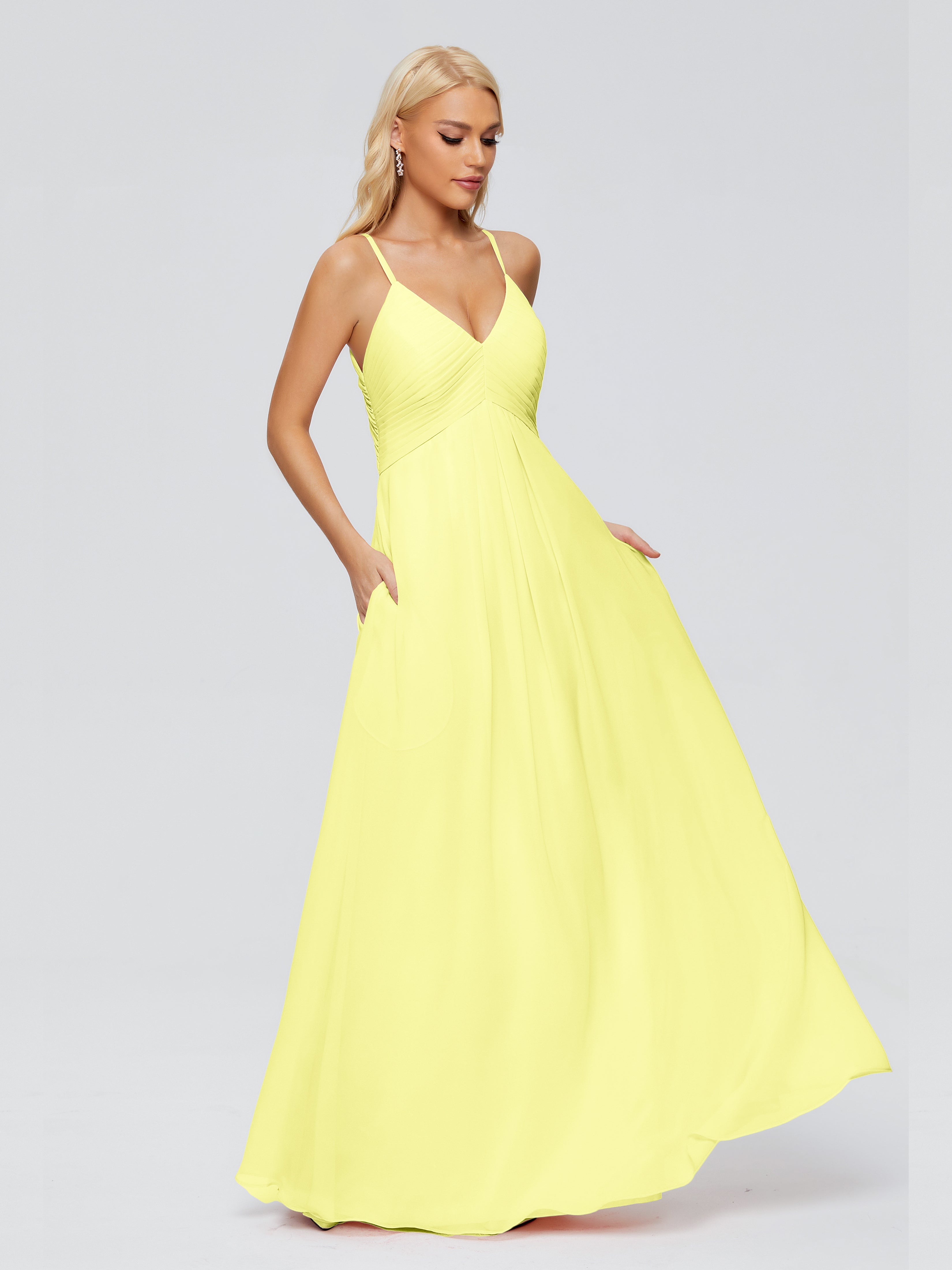 Robes De Demoiselle D'Honneur Jonquille Trapèze Col V Bretelles Spaghetti Mousseline Robes Demoiselle D'Honneur