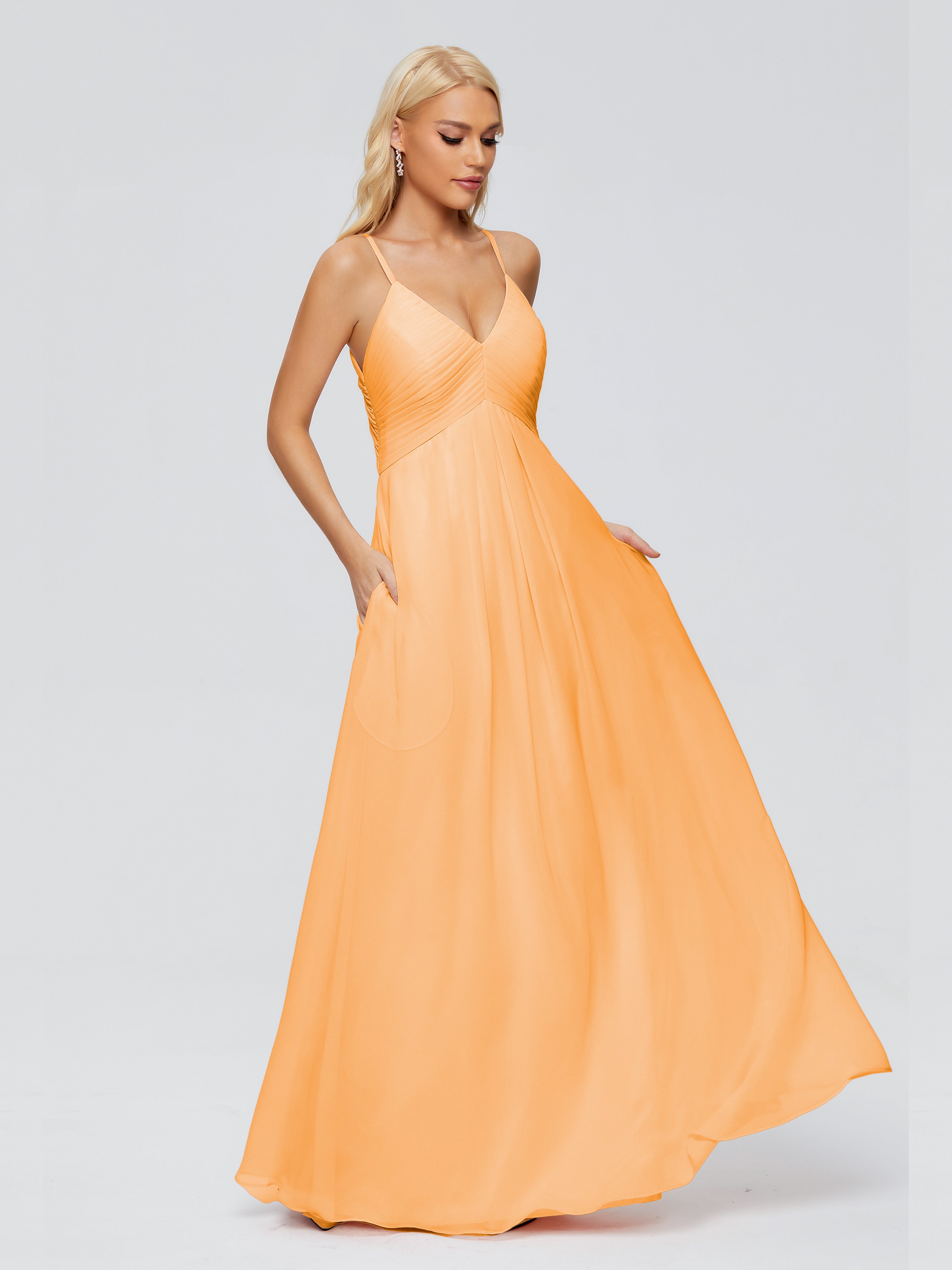 Robes De Demoiselle D'Honneur Mandarine Trapèze Col V Bretelles Spaghetti Mousseline Robes Demoiselle D'Honneur