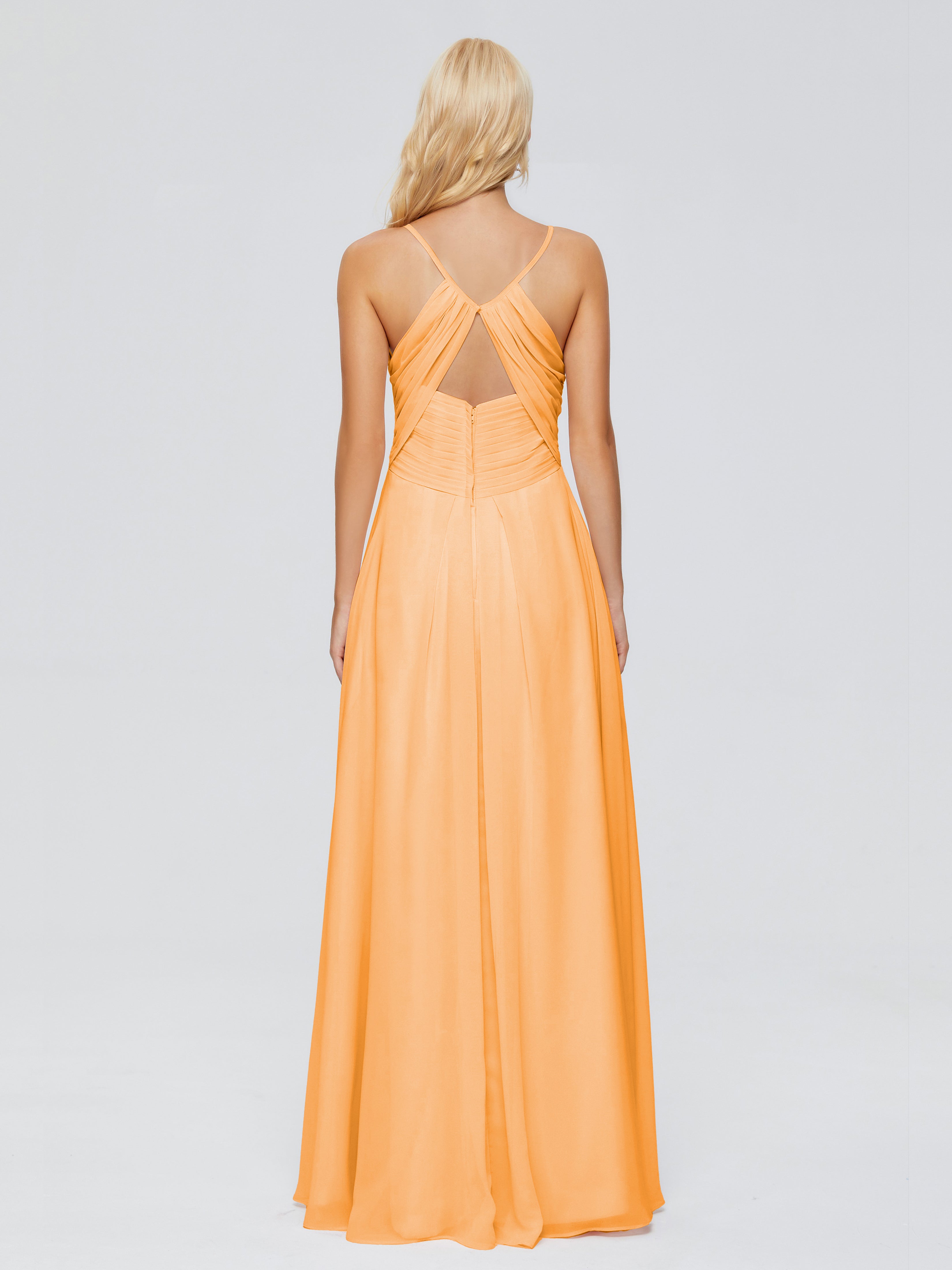 Robes De Demoiselle D'Honneur Mandarine Trapèze Col V Bretelles Spaghetti Mousseline Robes Demoiselle D'Honneur