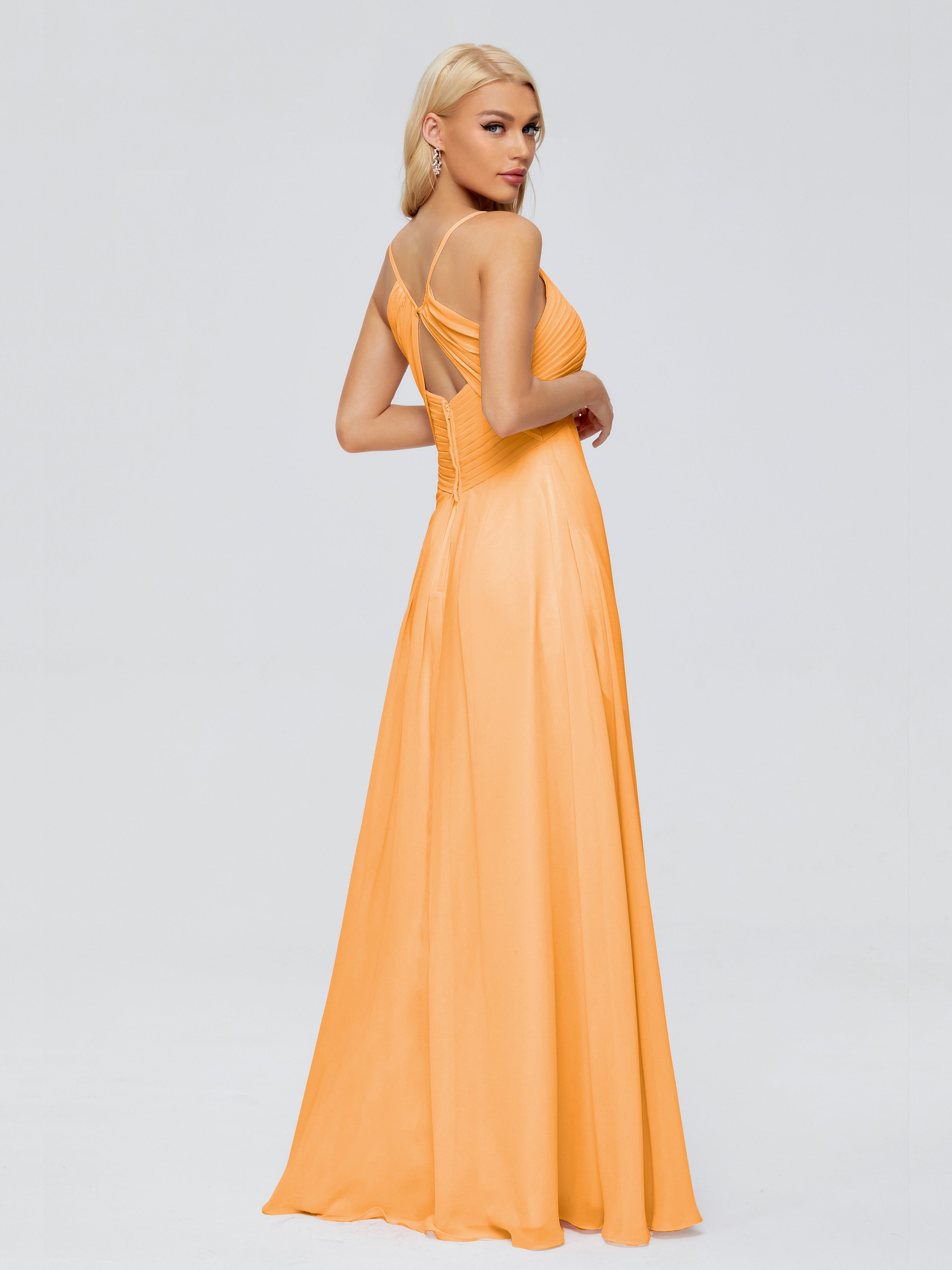 Robes De Demoiselle D'Honneur Mandarine Trapèze Col V Bretelles Spaghetti Mousseline Robes Demoiselle D'Honneur