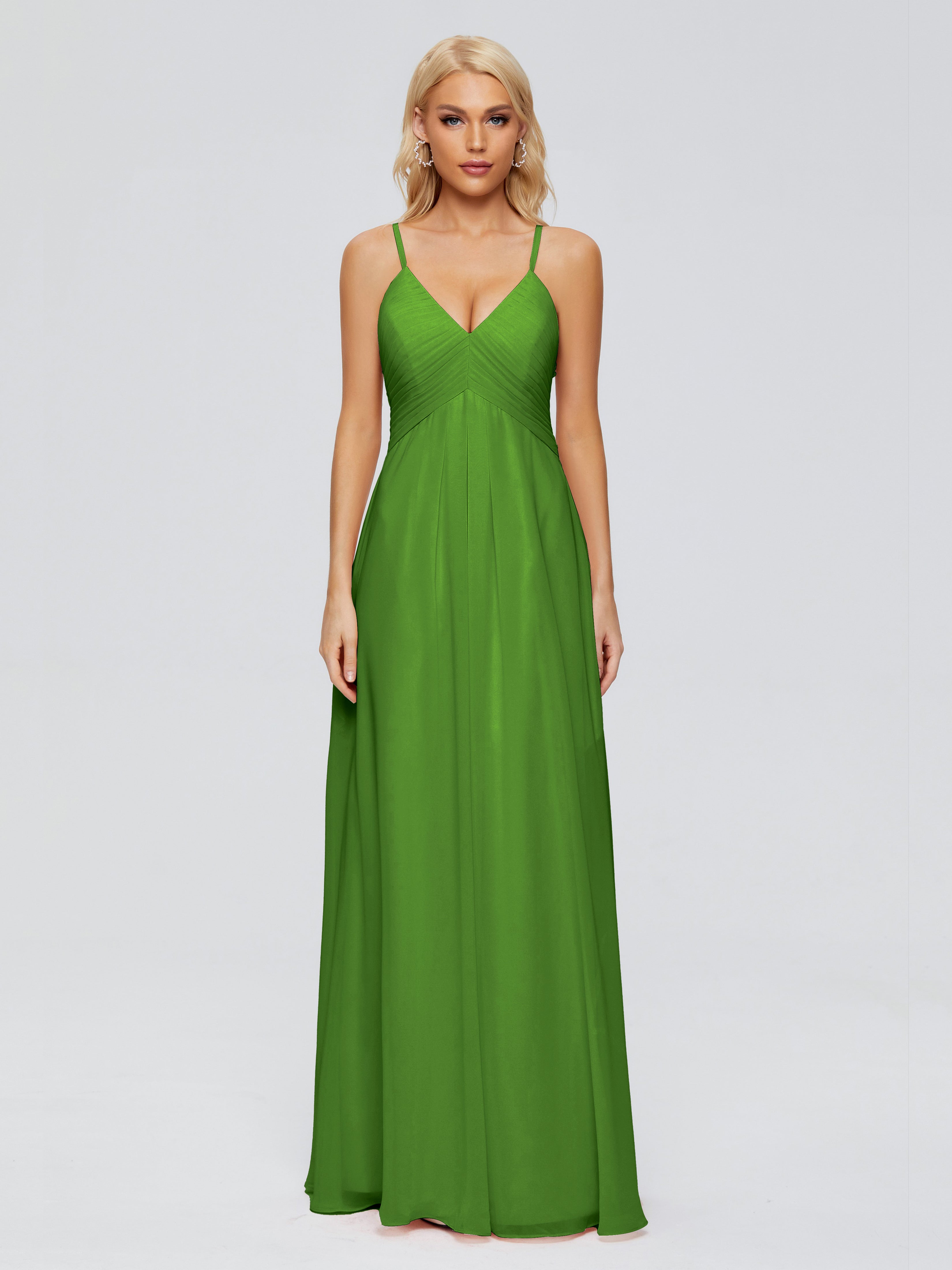 Robes De Demoiselle D'Honneur Vert Mousse Trapèze Col V Bretelles Spaghetti Mousseline Robes Demoiselle D'Honneur