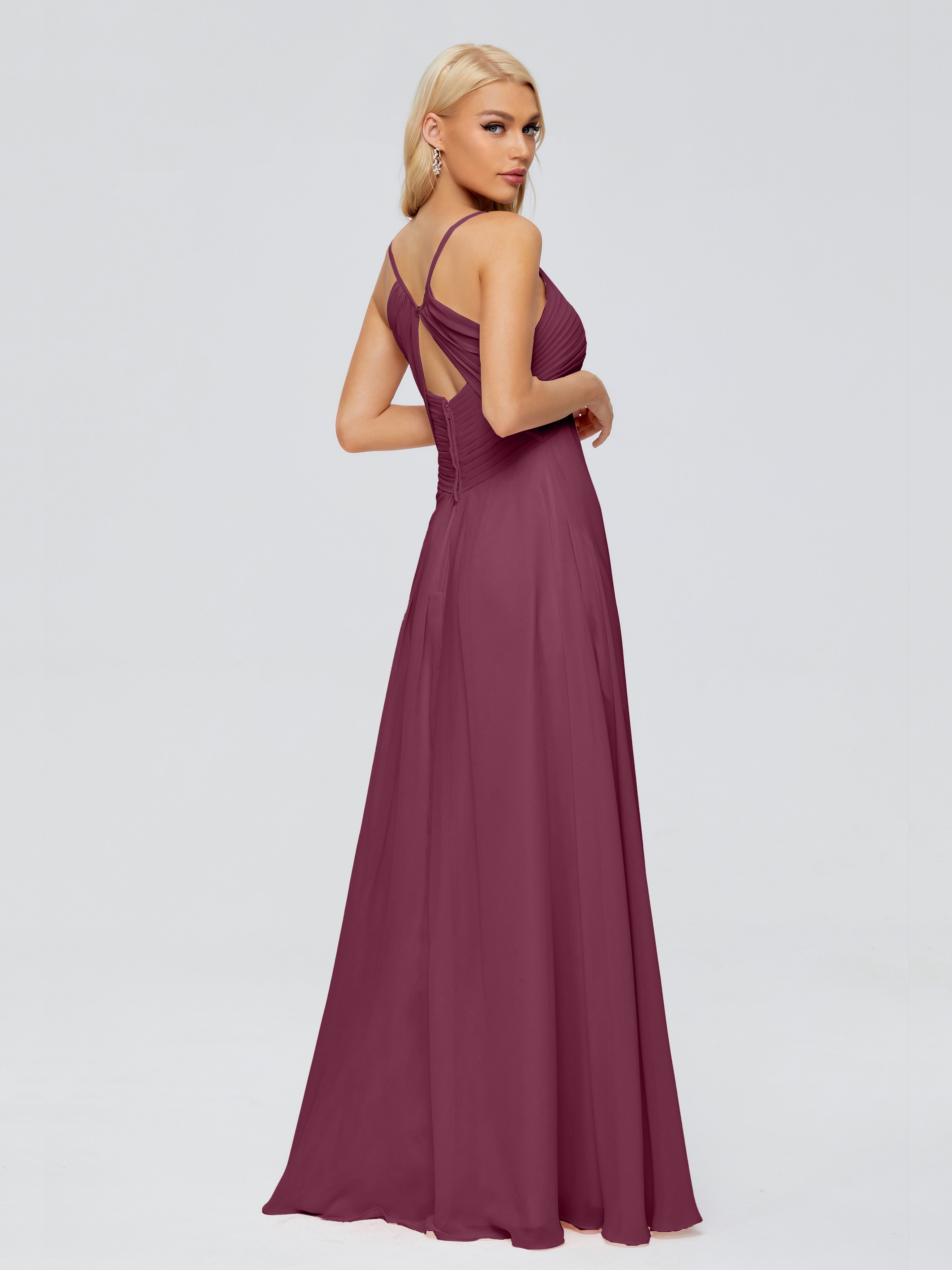 Robes De Demoiselle D'Honneur Mûre Trapèze Col V Bretelles Spaghetti Mousseline Robes Demoiselle D'Honneur