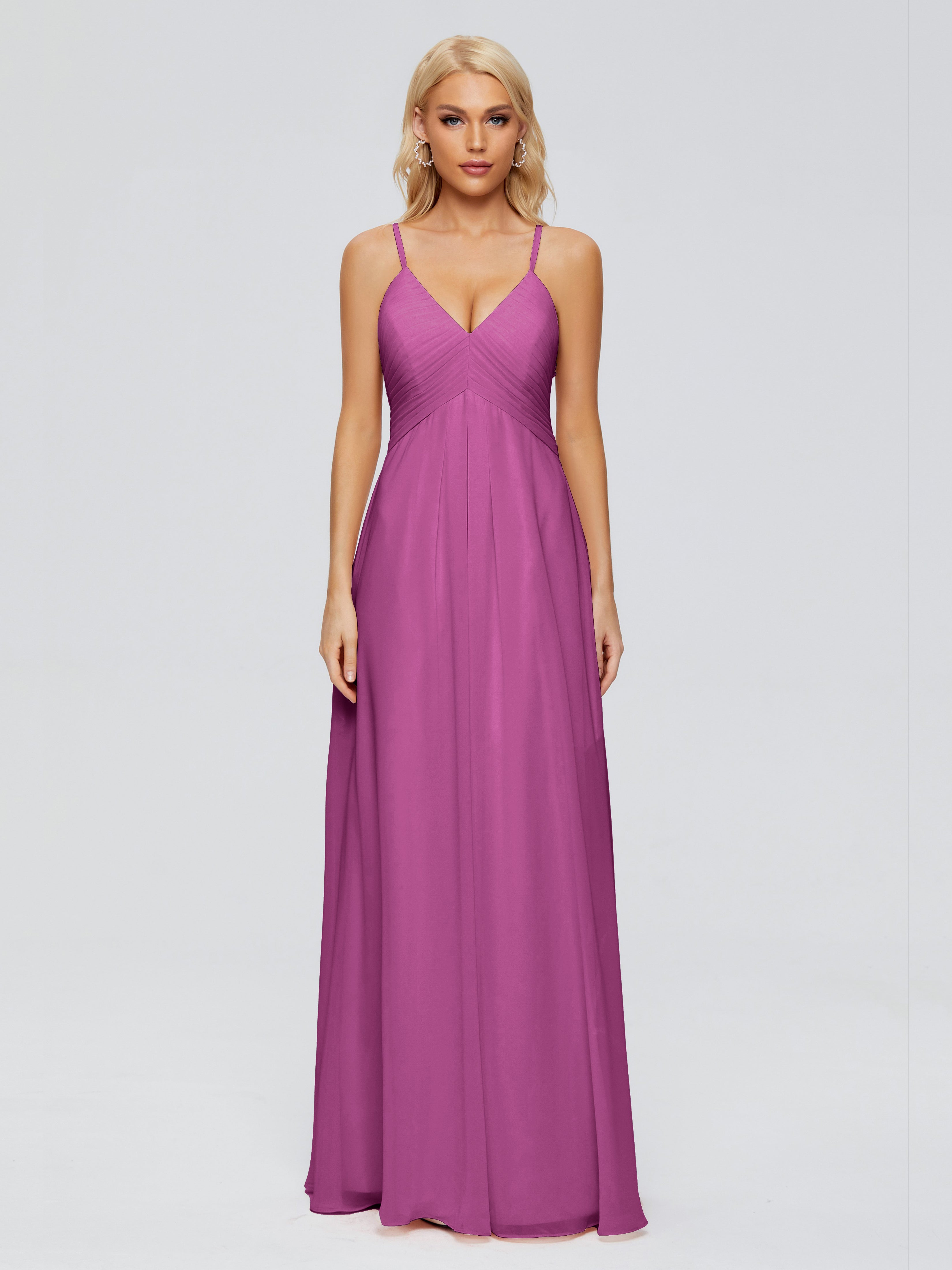 Robes De Demoiselle D'Honneur Orchidée Trapèze Col V Bretelles Spaghetti Mousseline Robes Demoiselle D'Honneur