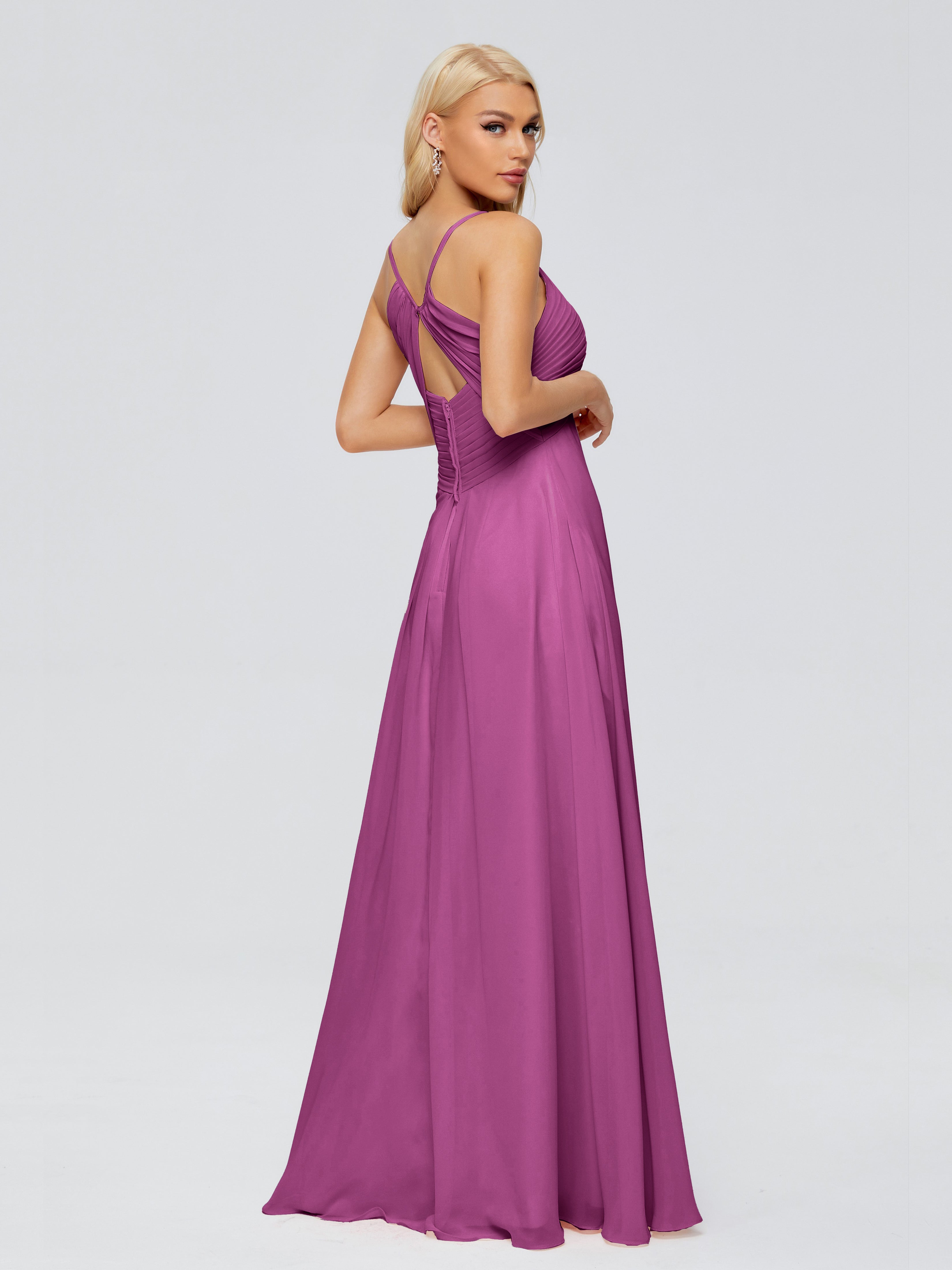 Robes De Demoiselle D'Honneur Orchidée Trapèze Col V Bretelles Spaghetti Mousseline Robes Demoiselle D'Honneur