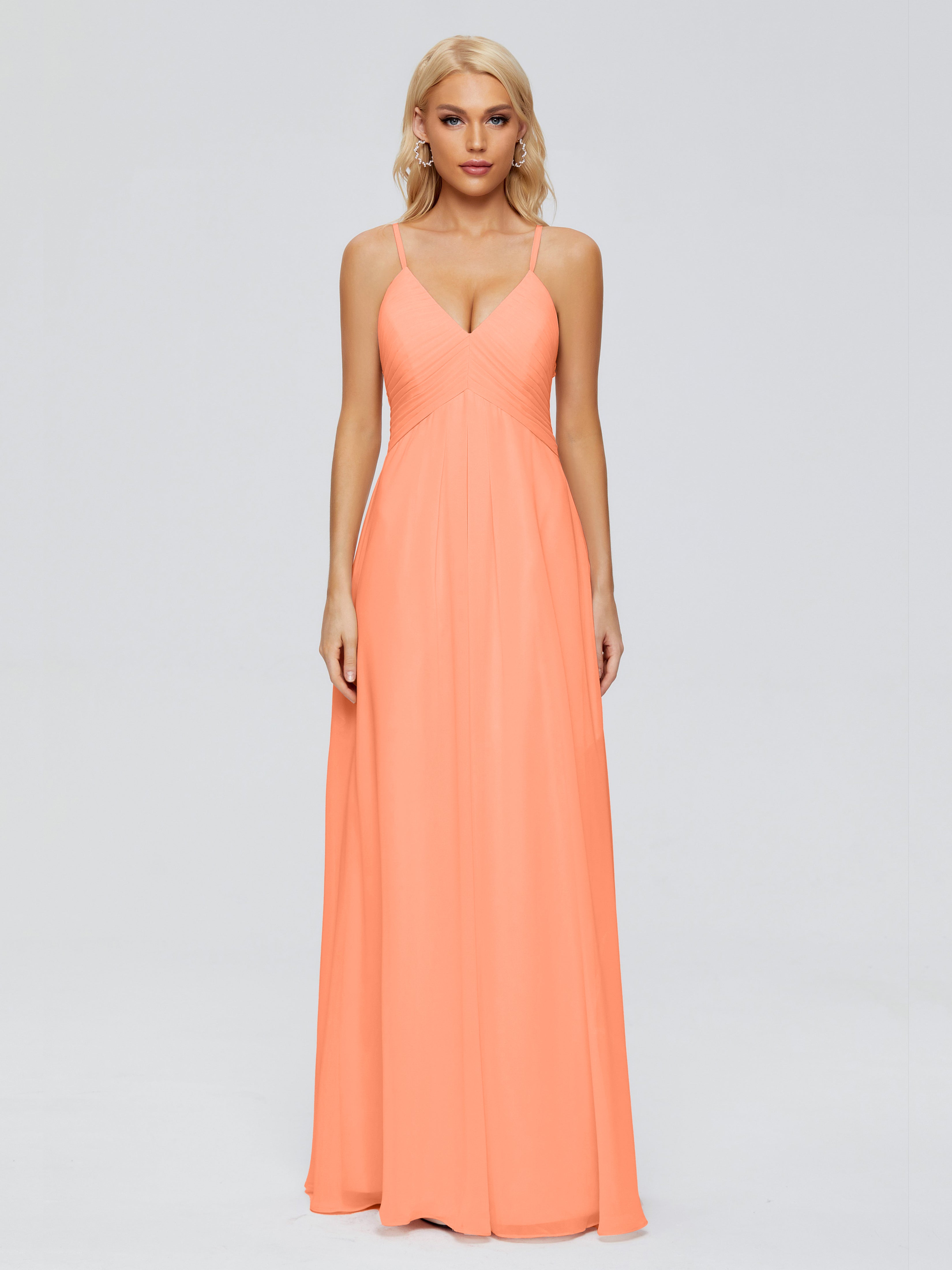 Robes De Demoiselle D'Honneur Papaye Trapèze Col V Bretelles Spaghetti Mousseline Robes Demoiselle D'Honneur