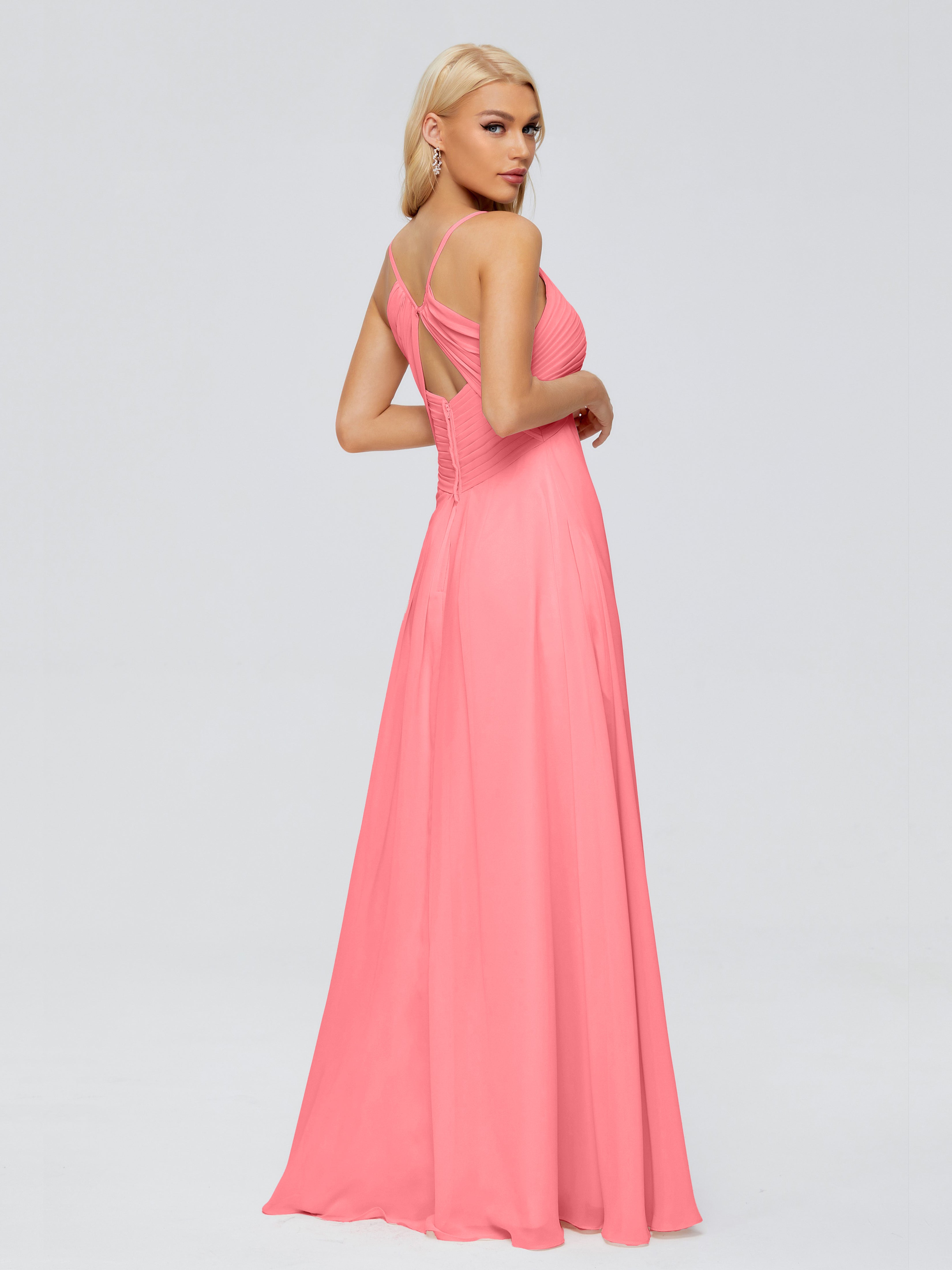 Robes De Demoiselle D'Honneur Pastèque Trapèze Col V Bretelles Spaghetti Mousseline Robes Demoiselle D'Honneur