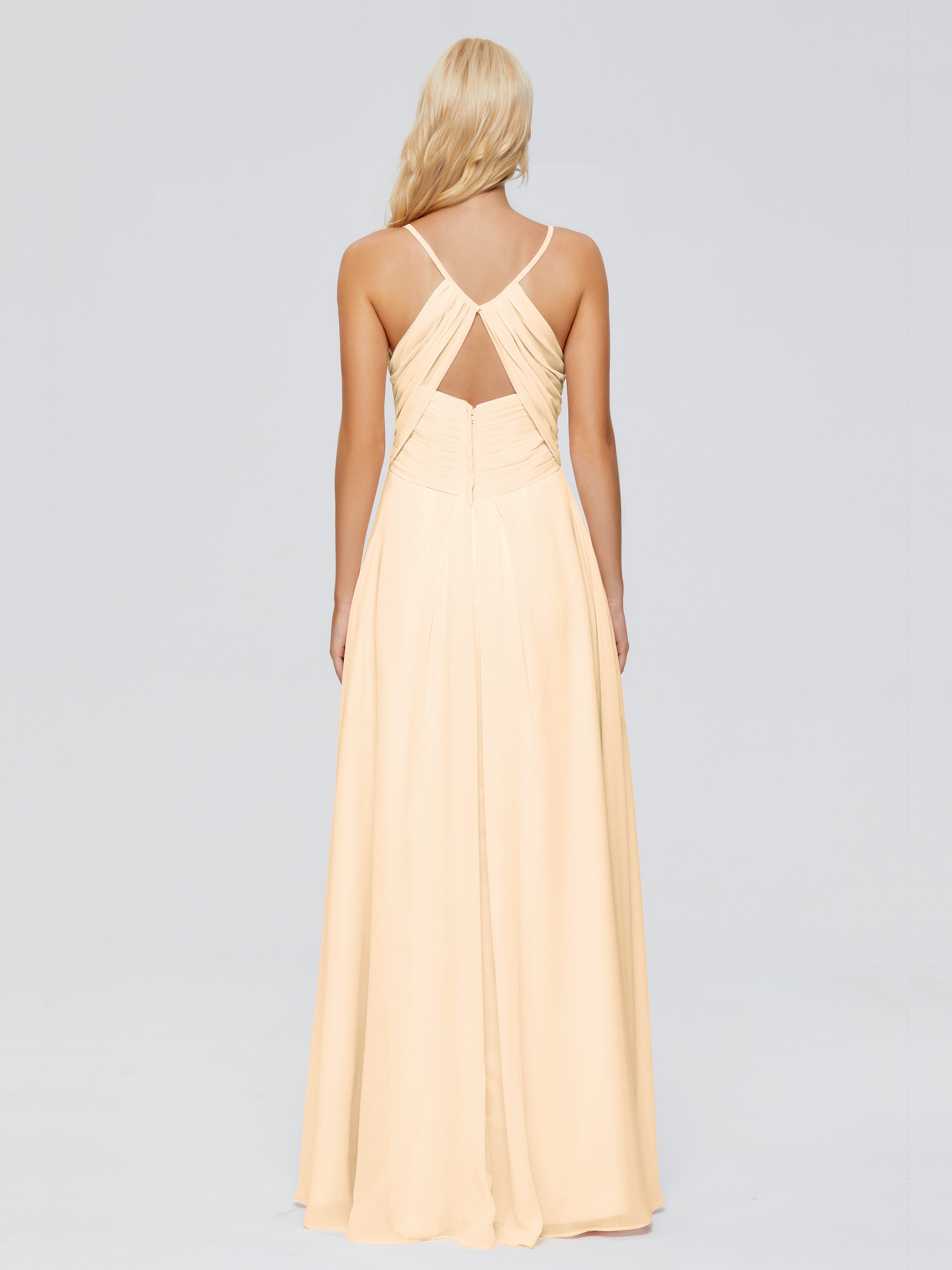 Robe Demoiselle D Honneur Rose Peche Trapèze Bretelles Spaghetti Mousseline Robes Demoiselle D'Honneur