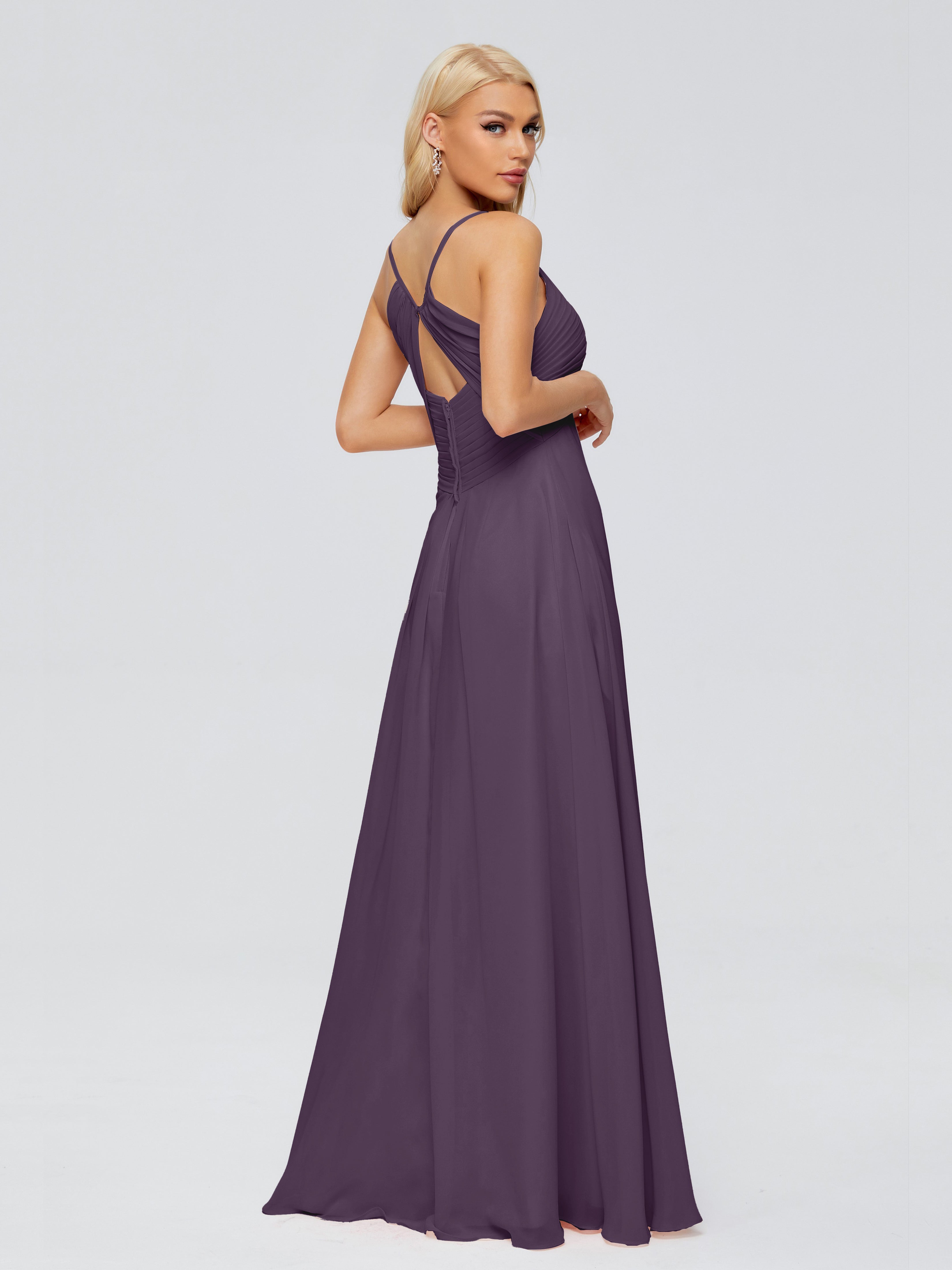 Robe De Demoiselle D'Honneur En Plum Trapèze Col V Bretelles Spaghetti Mousseline Robes Demoiselle D'Honneur