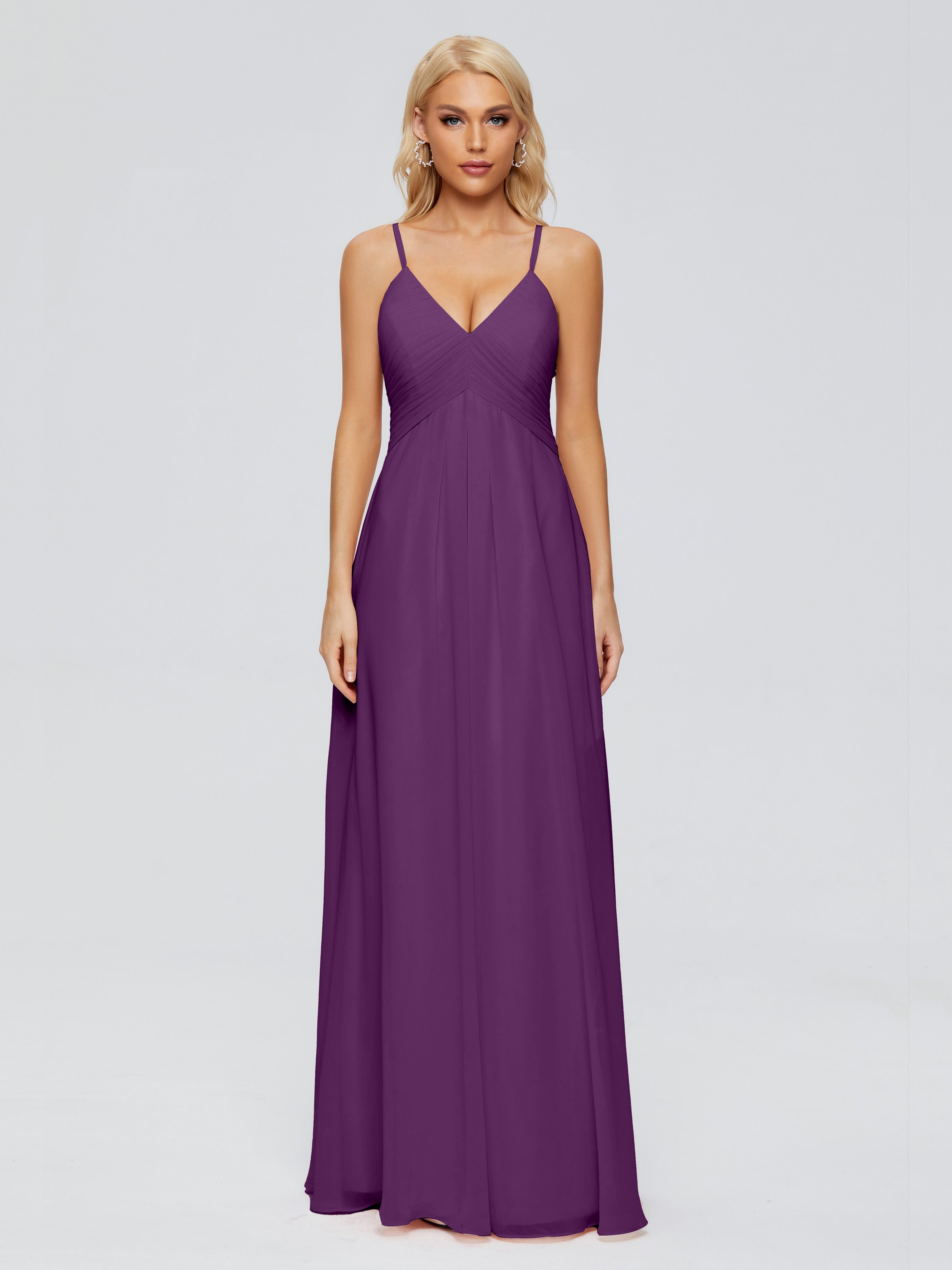 Robes De Demoiselle D'Honneur En Raisin Trapèze Col V Bretelles Spaghetti Mousseline Robes Demoiselle D'Honneur