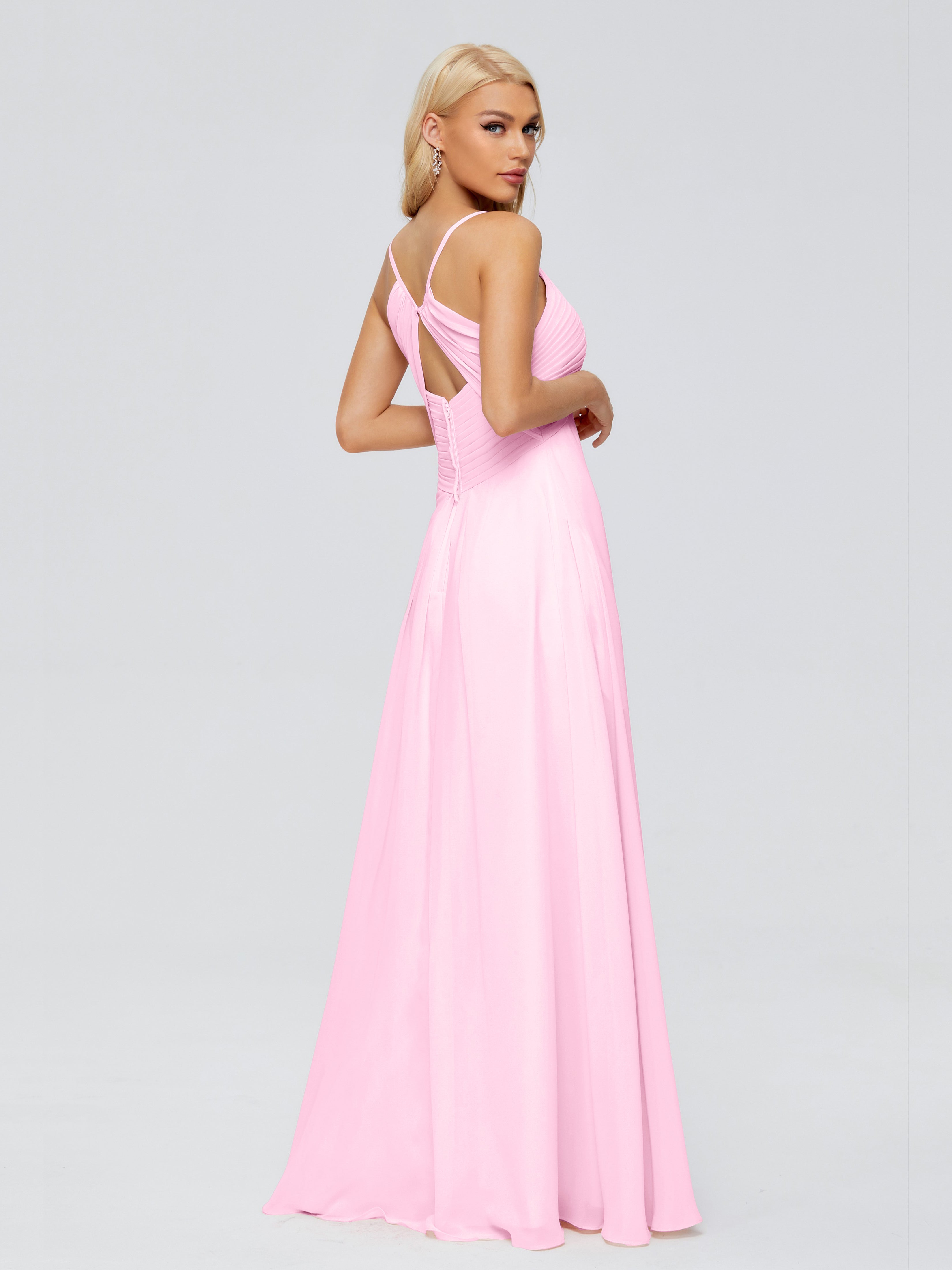 Robes De Demoiselle D'Honneur Rose Bonbon Trapèze Col V Bretelles Spaghetti Mousseline Robes Demoiselle D'Honneur