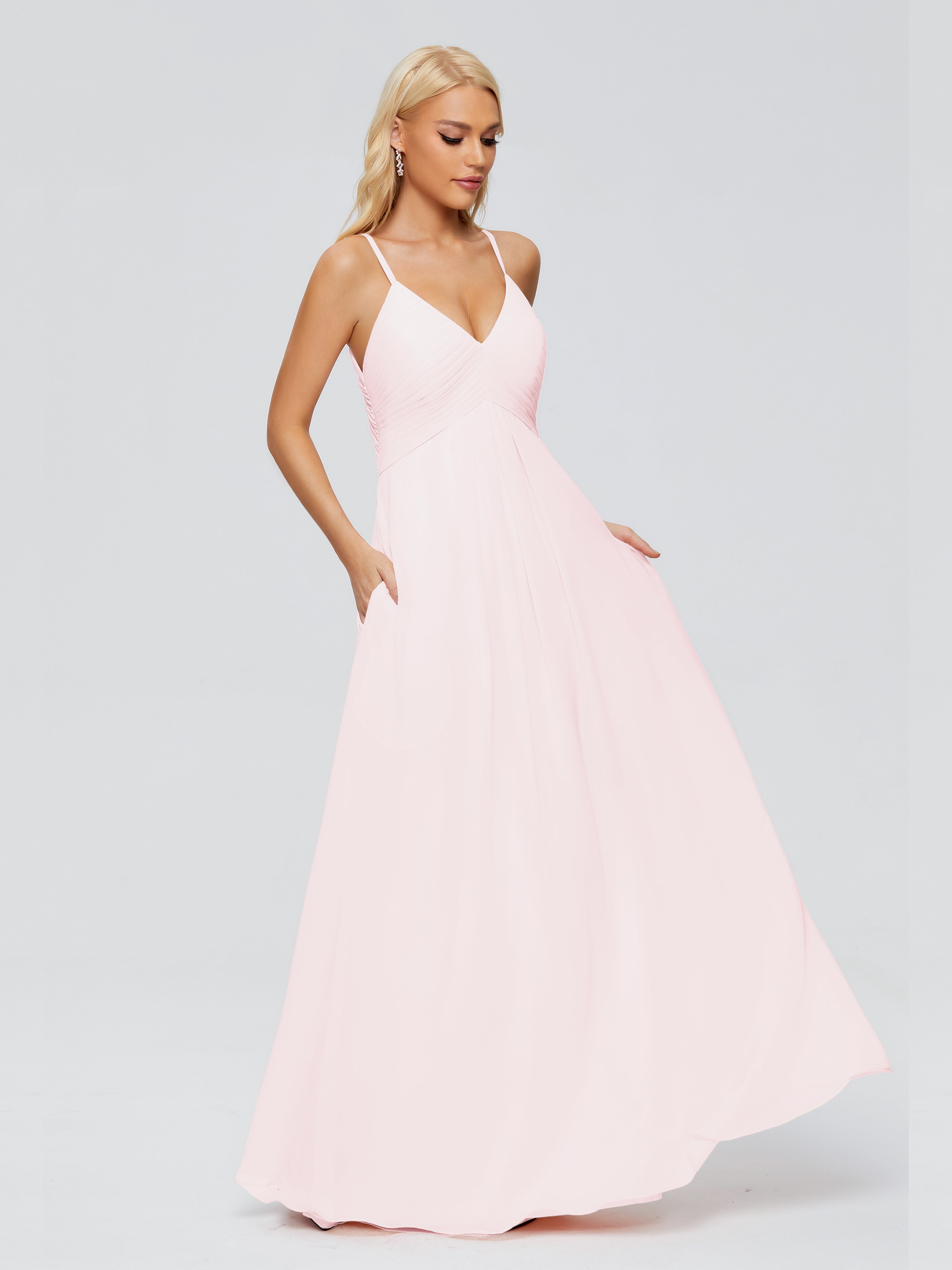 Robe Demoiselle Dhonneur Rose Pale Trapèze Bretelles Spaghetti Mousseline Robes Demoiselle D'Honneur