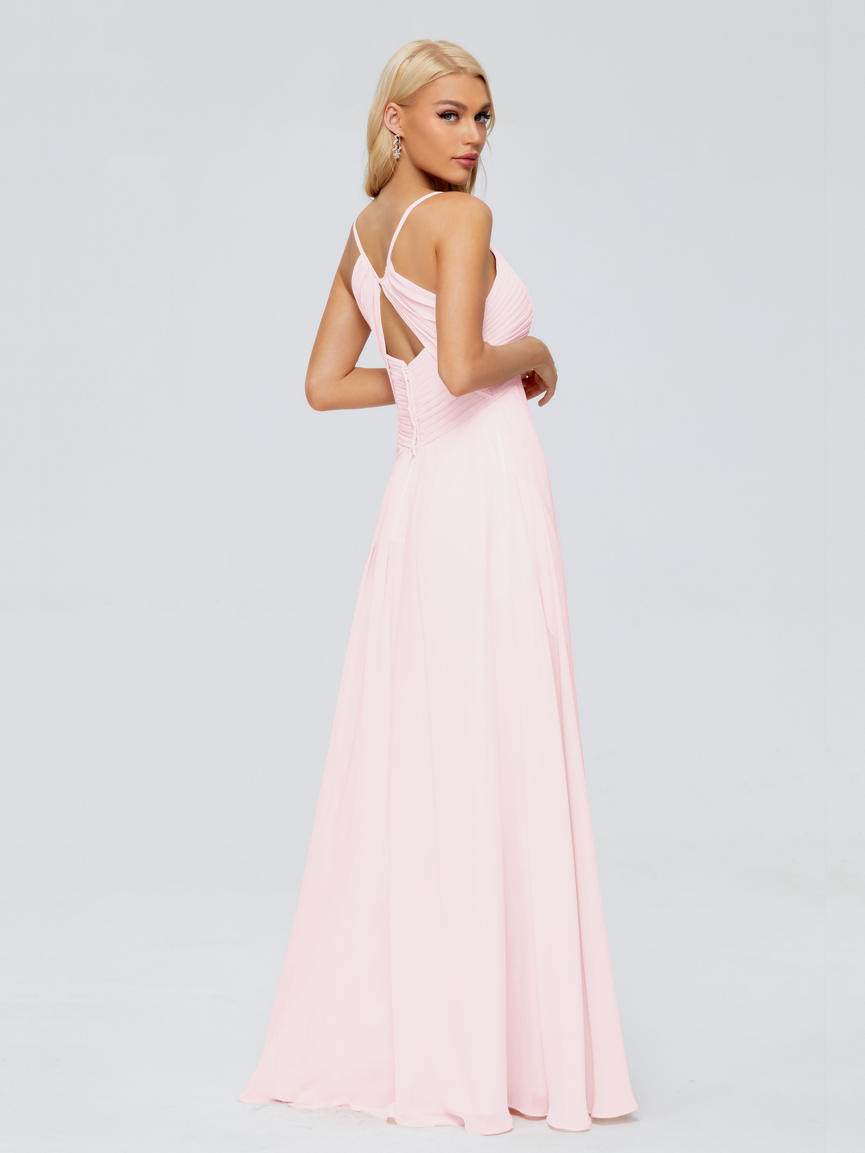 Robe Demoiselle Dhonneur Rose Pale Trapèze Bretelles Spaghetti Mousseline Robes Demoiselle D'Honneur