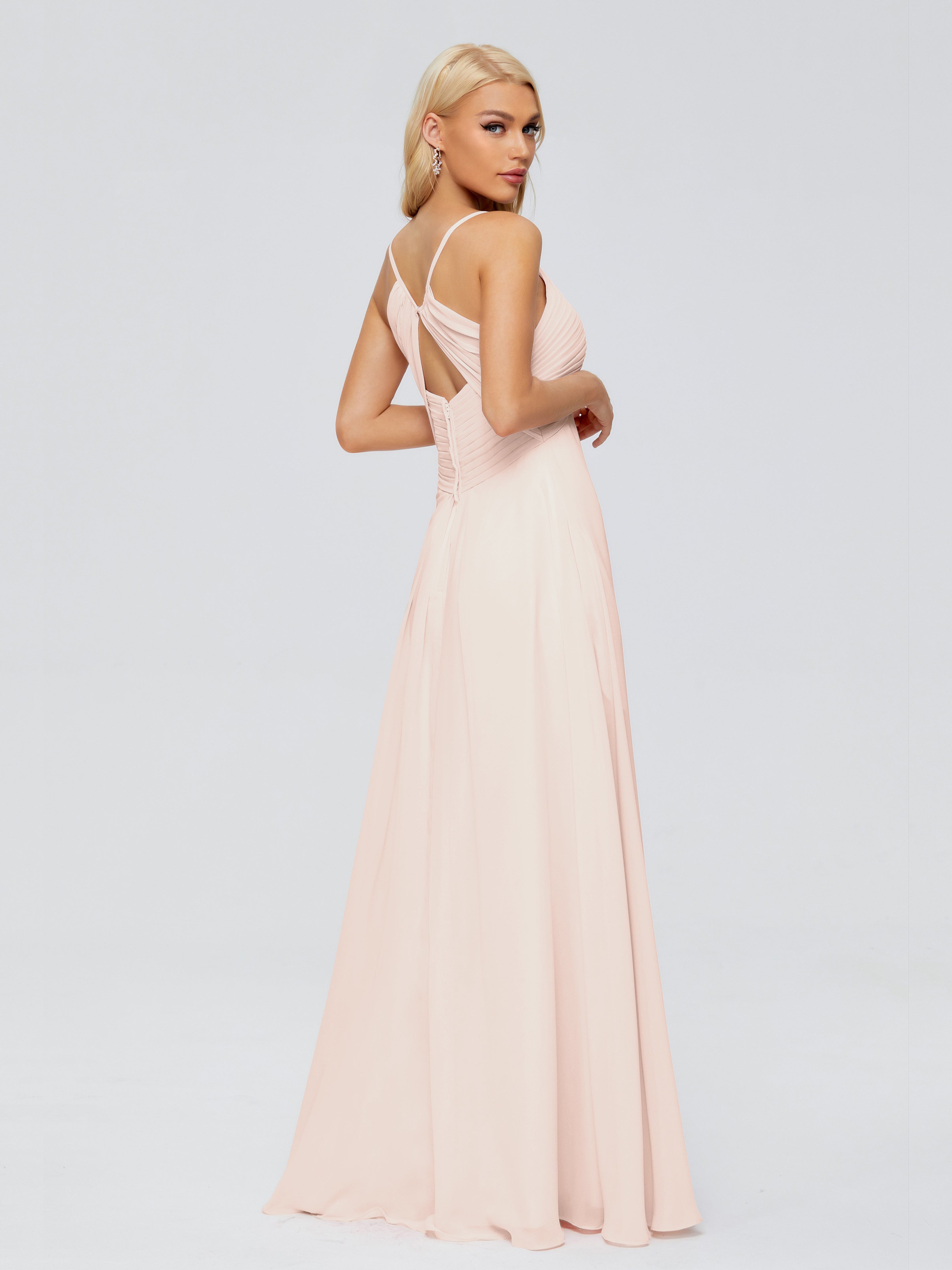 Robe De Demoiselle D'Honneur En Perles Trapèze Col V Bretelles Spaghetti Mousseline Robes Demoiselle D'Honneur