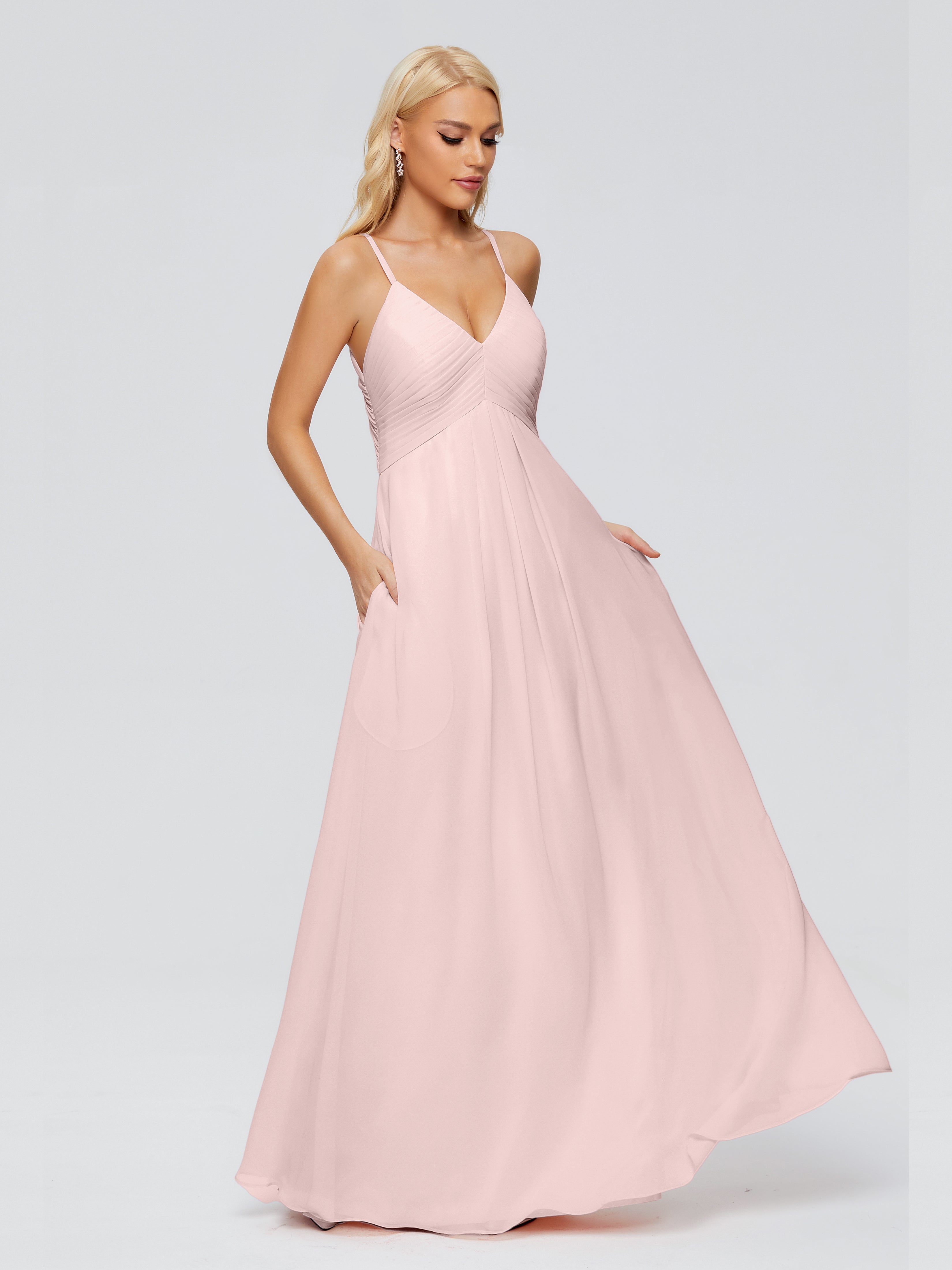 Robe Rose Poudre Demoiselle D Honneur Trapèze Bretelles Spaghetti Mousseline Robes Demoiselle D'Honneur